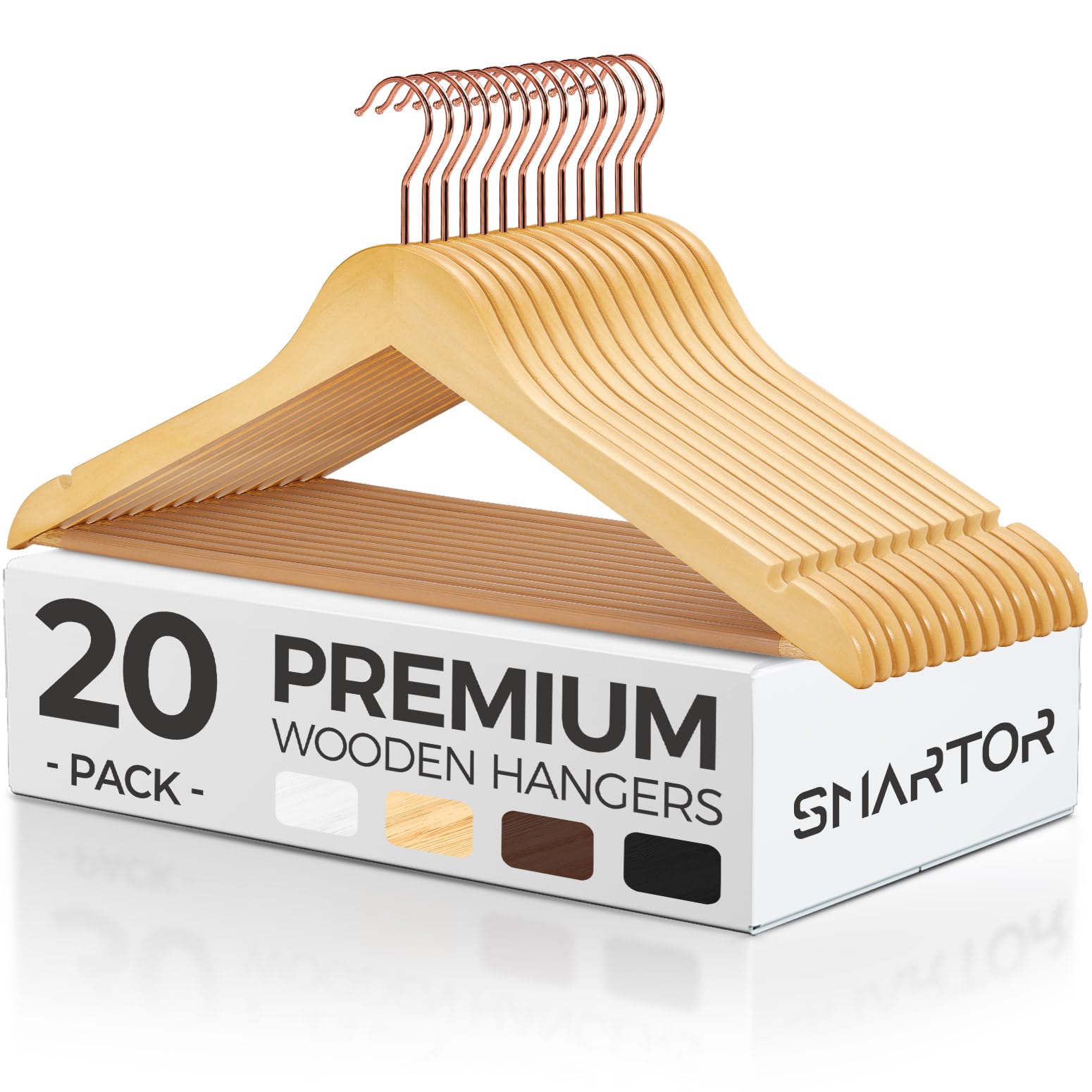 Smartor Wooden Hangers 20 Pack  Durable Coat Hanger Wood Hangers with Bar  Premium Suit Hangers for Men Women - Heavy Duty Hangers Pants Hanger Set with 360? Rose Gold Rotatable Hook  Natural