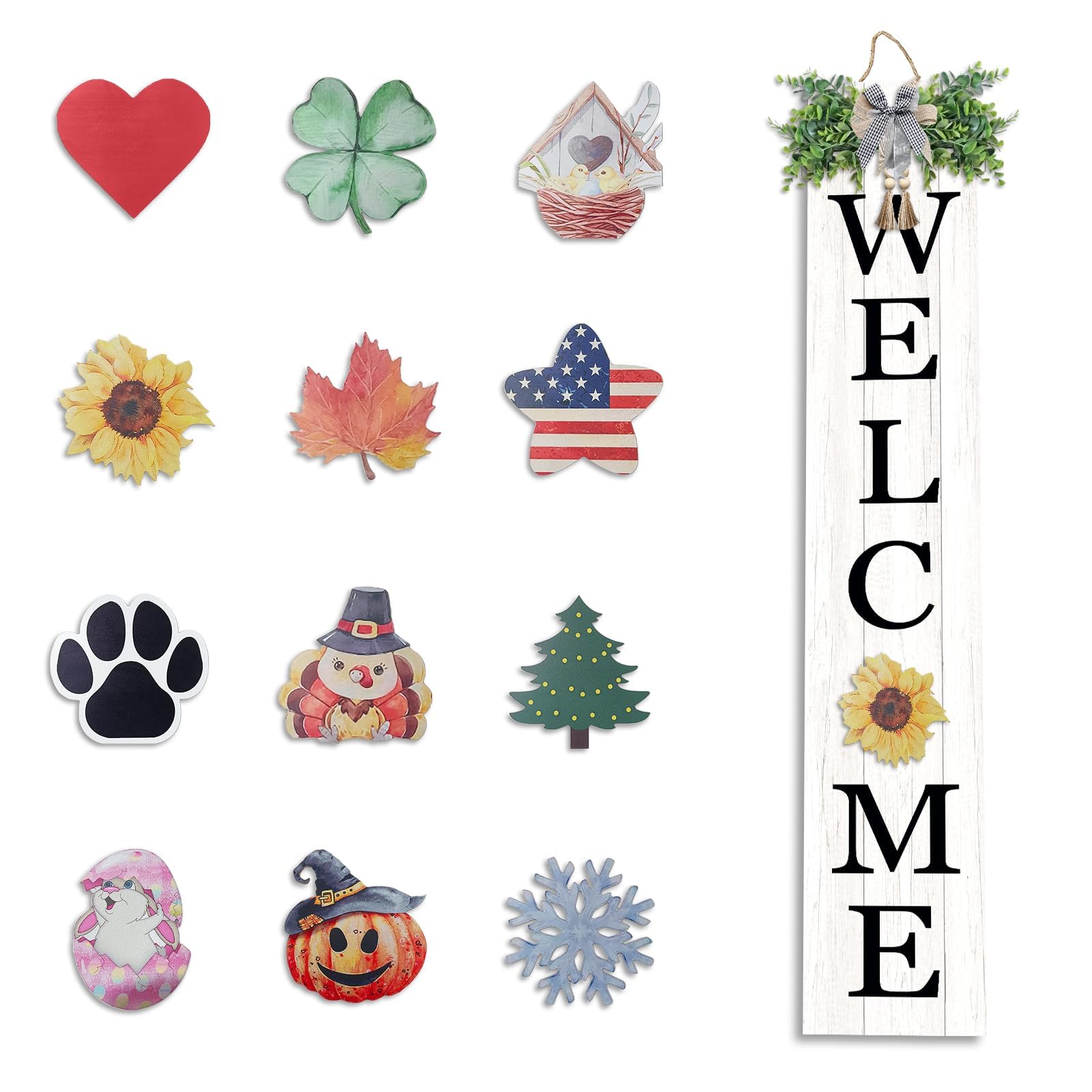 Interchangeable Outdoor Welcome Sign for Front Porch Standing 47  8 with 12 Pcs Icons Vertical Tall Leaner Outside Welcome Sign 