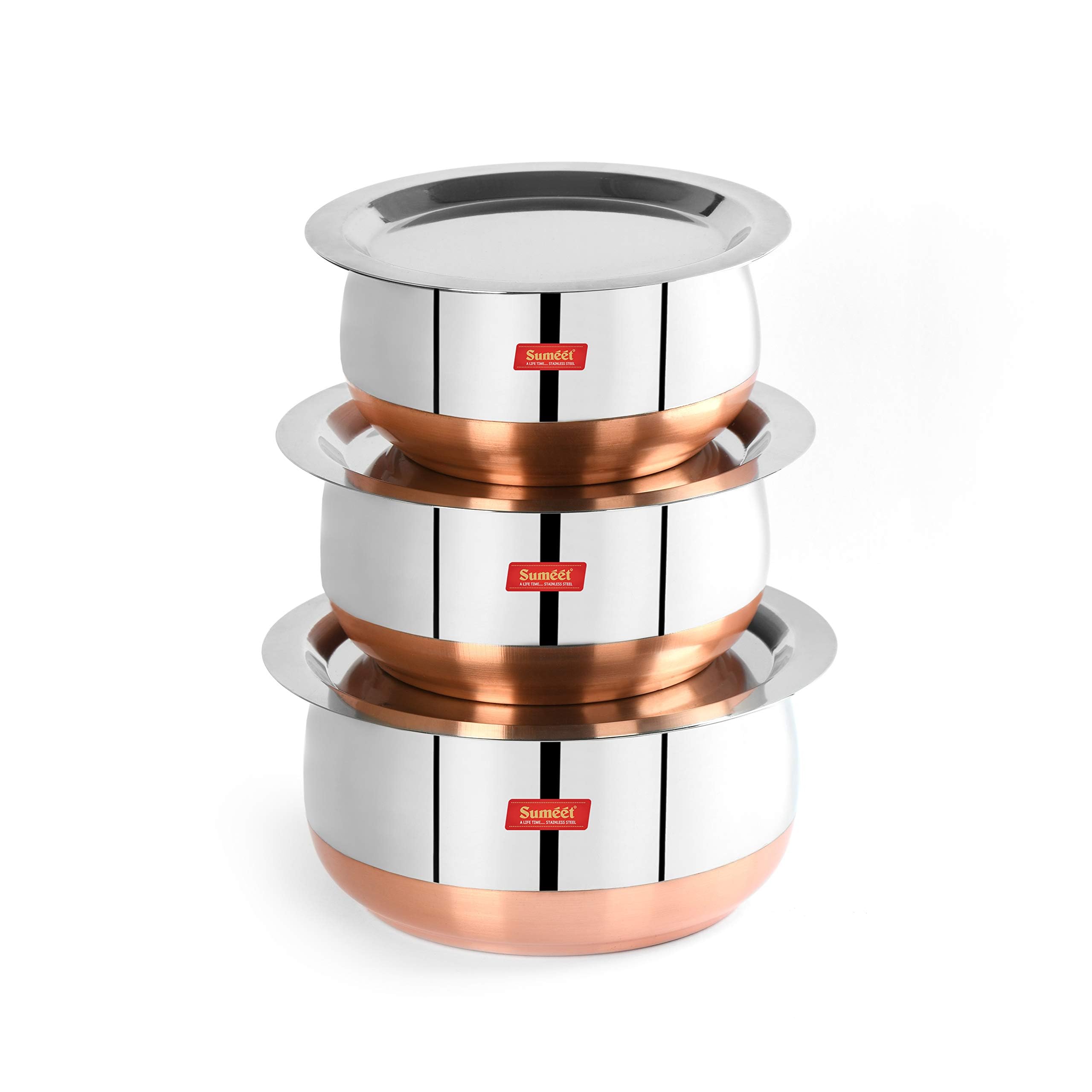 Sumeet Stainless Steel Copper Bottom Cookware Set | 3-Piece Belly-Shaped Tope Pot with Lids (1.1L  1.4L  1.75L)  Silver