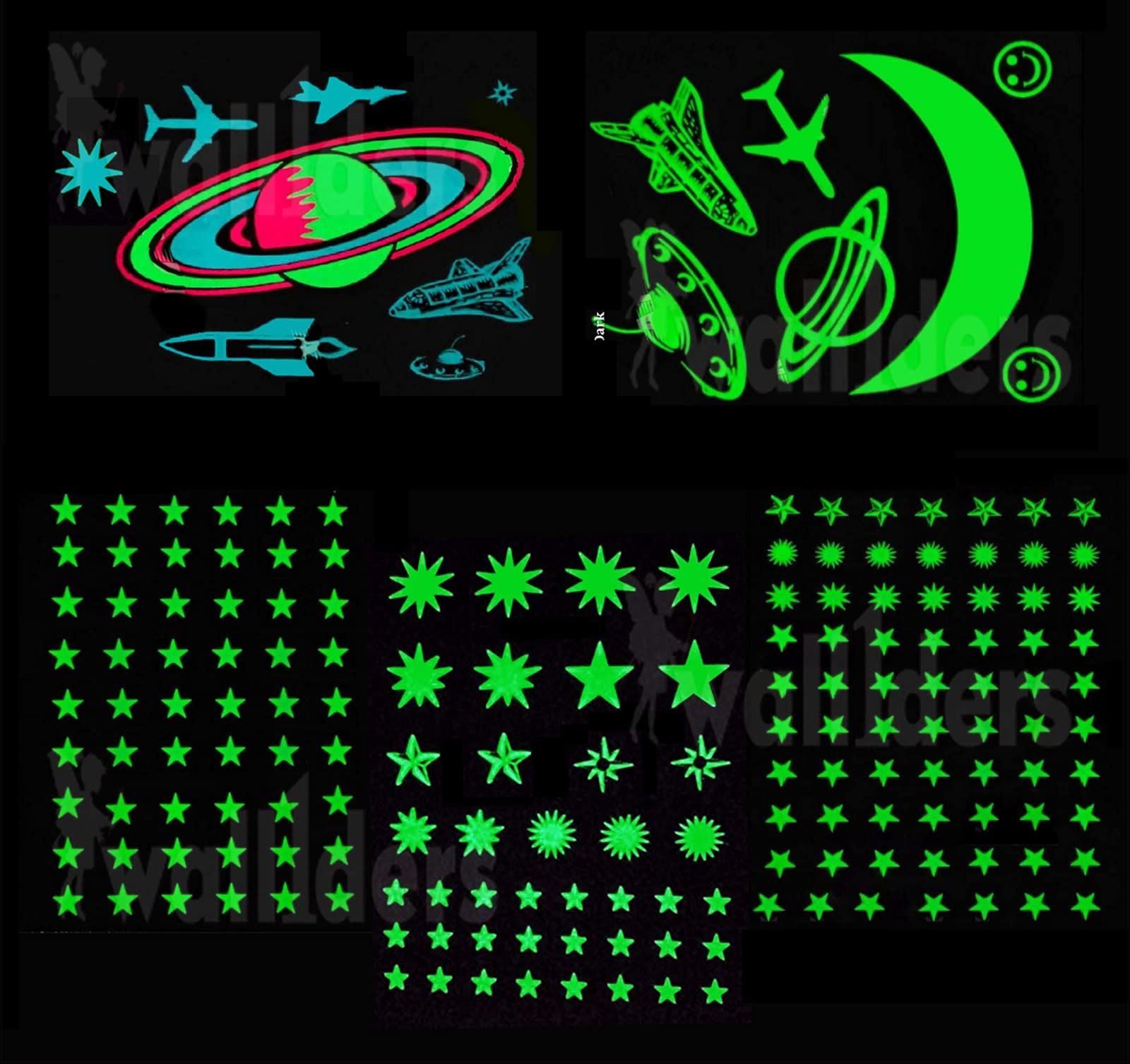 Wall1Ders Green Color Fluorescent Night Glow In The Dark Star Vinyl Wall Sticker, Stars For Ceiling, Radium Stickers For Bedroom