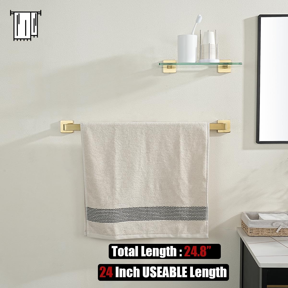 Jqk Gold Towel Bar, 24 Inch 304 Stainless Steel Thicken 0.8Mm Towel Rack Bathroom, Towel Holder Brushed Gold Wall Mount, Total L