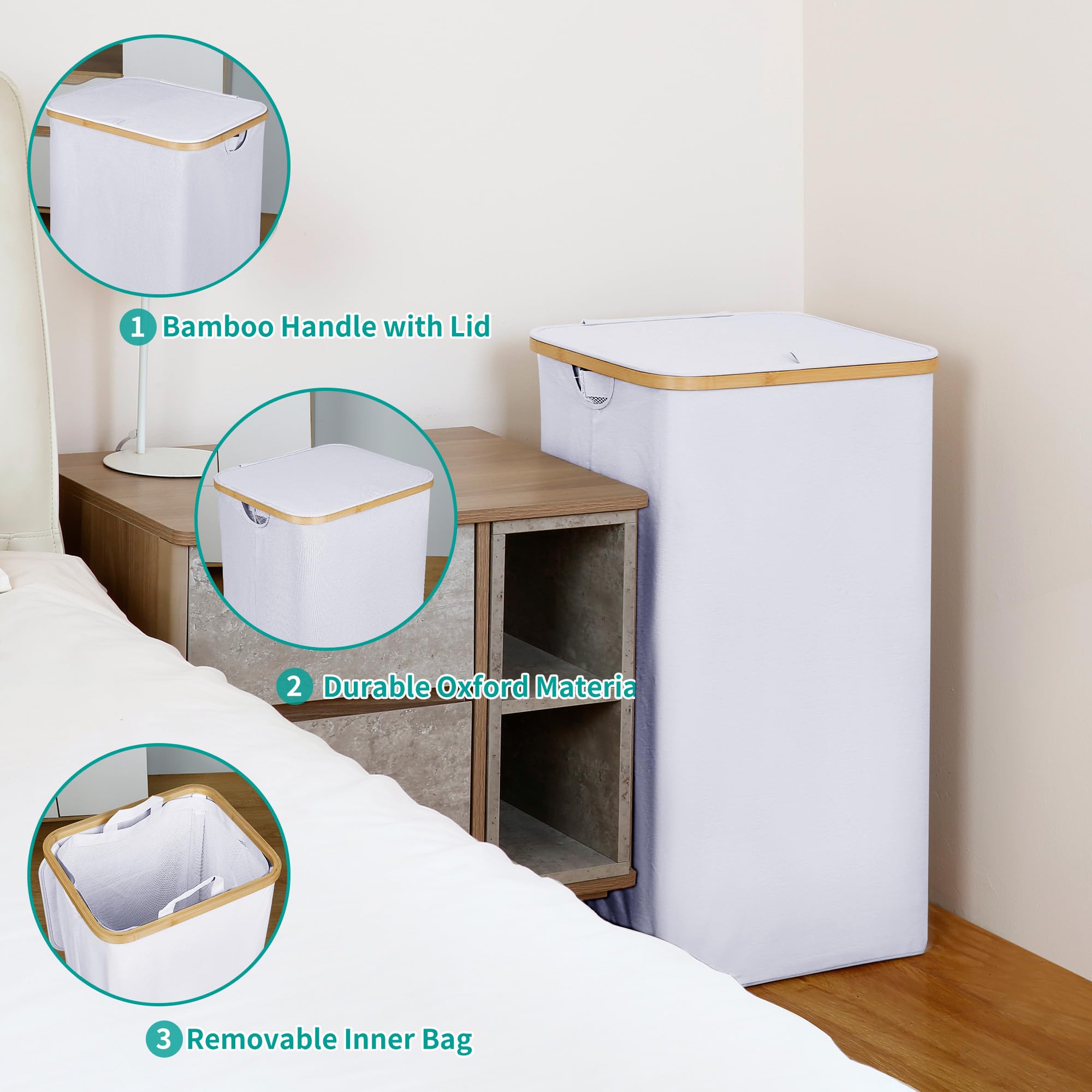 Iegrow 110L Laundry Hamper With Lid,Dirty Clothes Hampers For Laundry,Laundry Basket With Bamboo Handles And Removable Bag,Hampe