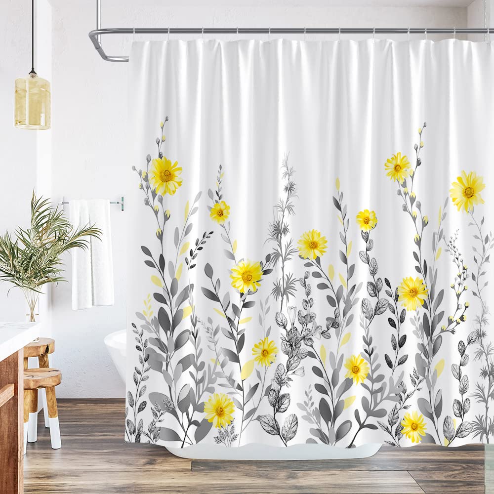 Qwrsmyx Floral Yellow Grey Shower Curtain Daisy Country Flowers Plant Leaf White Background Decor Fabric Bathroom Set With Hook
