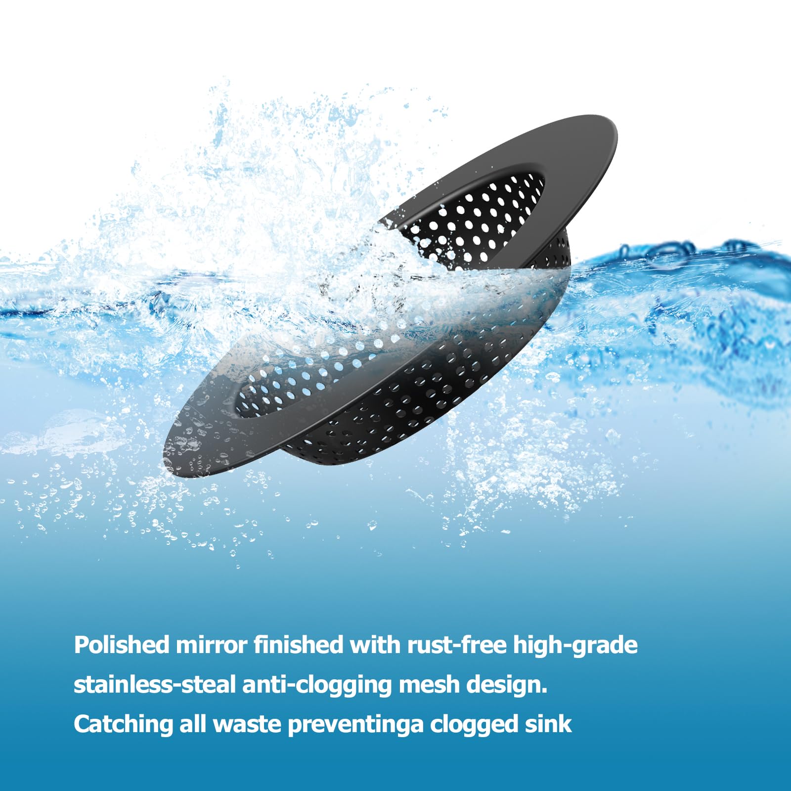 Hontunry Black Kitchen Sink Drain Strainer, Sink Drain Cover, Food Catcher, Large Wide Rim 4.5'' Diameter, Stainless Steel, Pack