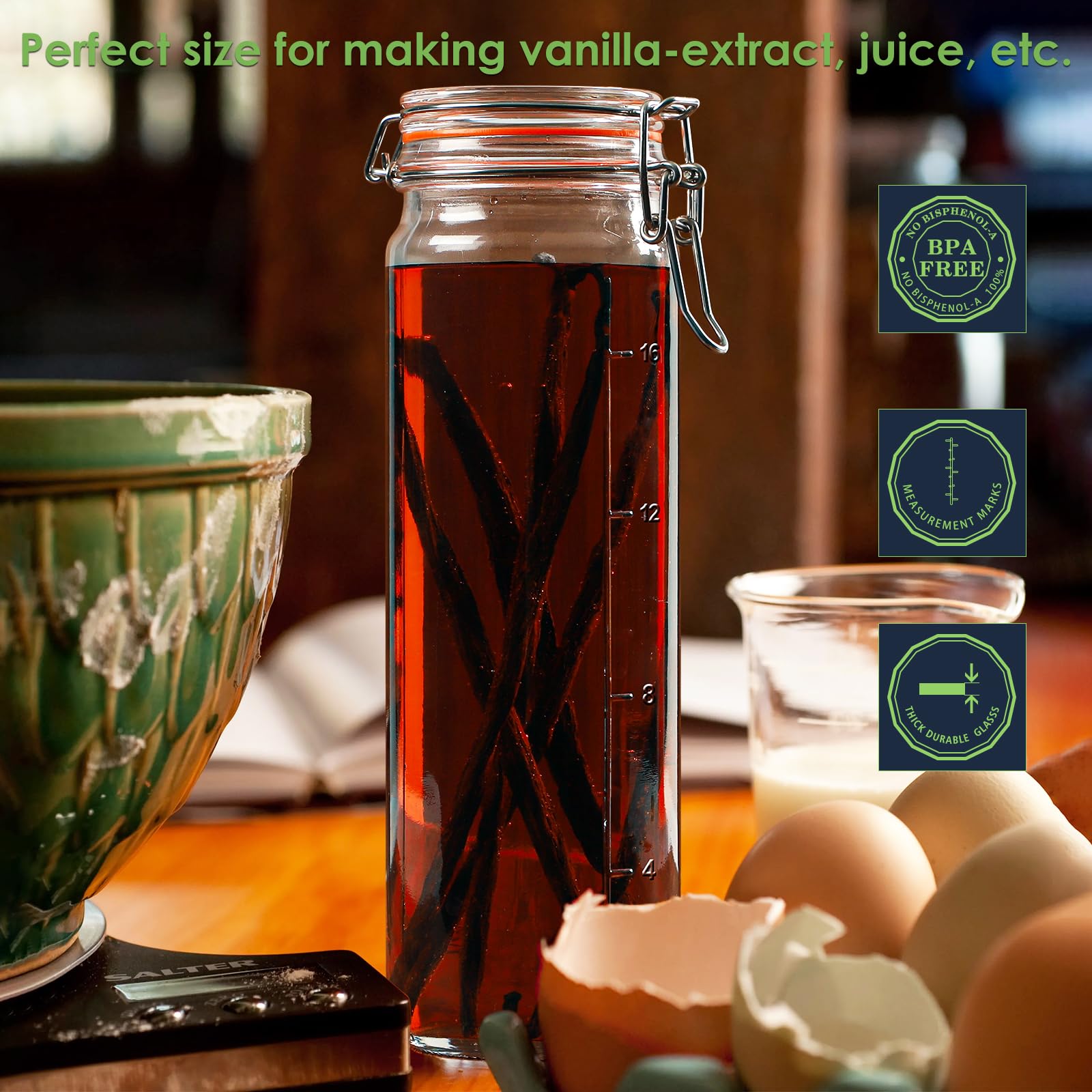 [Upgraded] 20 Oz Glass Jars With Airtight Lids For Vanilla Extract, 6 Pack Glass Juice Bottles With 2 Measurement Marks, Glass F