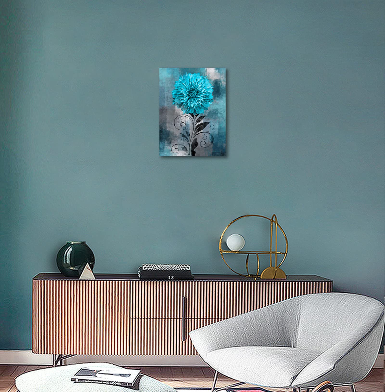 Nineaso Abstract Flowers Wall Art Teal Flower Canvas Pictures Rustic Blossom Canvas Painting For Bedroom Bathroom Wall Decor Mod