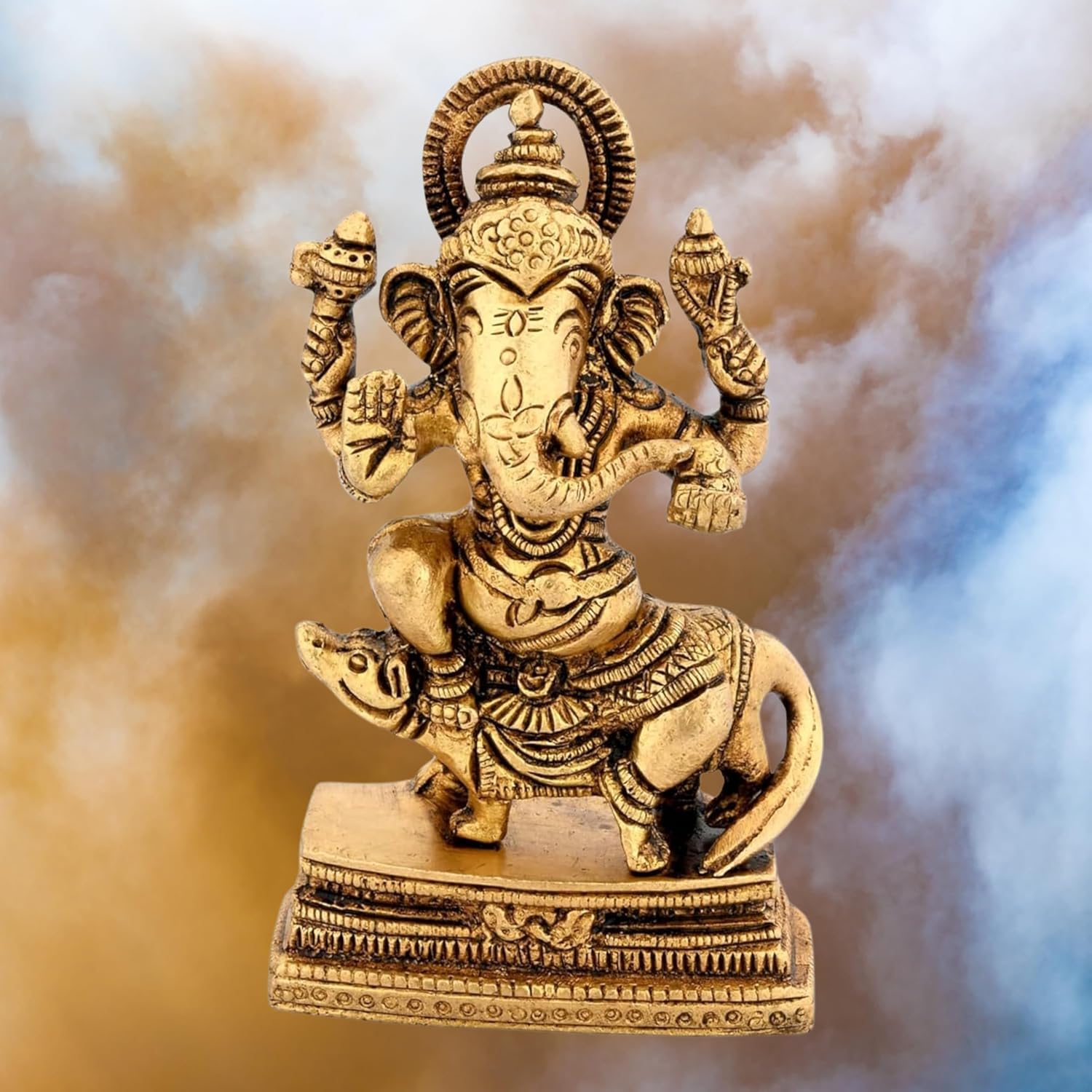 Shreeyaash Brass Ganesha Sitting On Rat Bhagwan Idol Ganesh Ganpati Statue For Home Decoration (4 Inch, Golden)