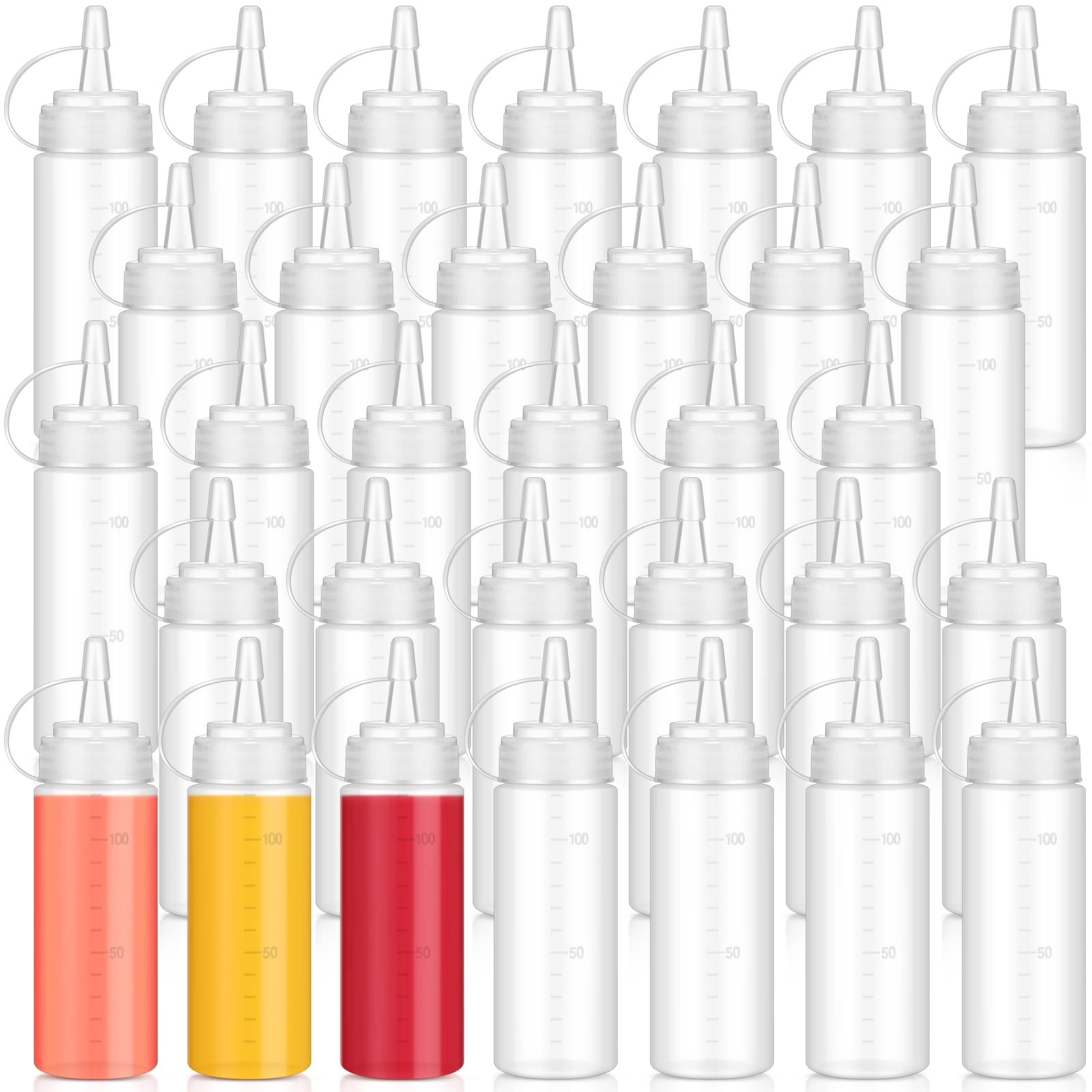 Hoolerry 32 Pcs 4Oz Plastic Squeeze Bottles Condiment Squirt Bottle Set With Discrete Measurements Dressing Container Ketchup Di