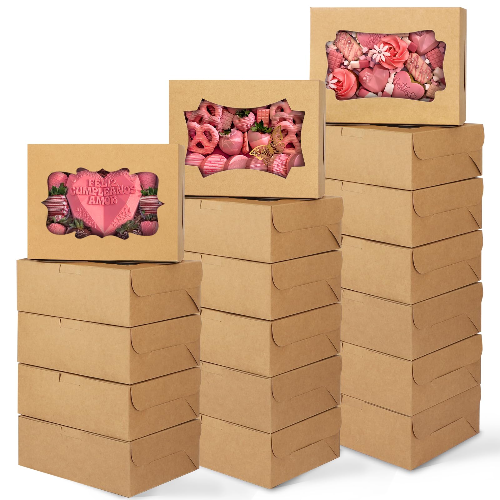 TOMNK 48pcs 8x6x2.5 Inches Cookie Boxes Bakery with Window Brown Treat Pastry Dessert for Chocolate Strawberries Muffins Donuts and Party Favor (3 Style Windows)