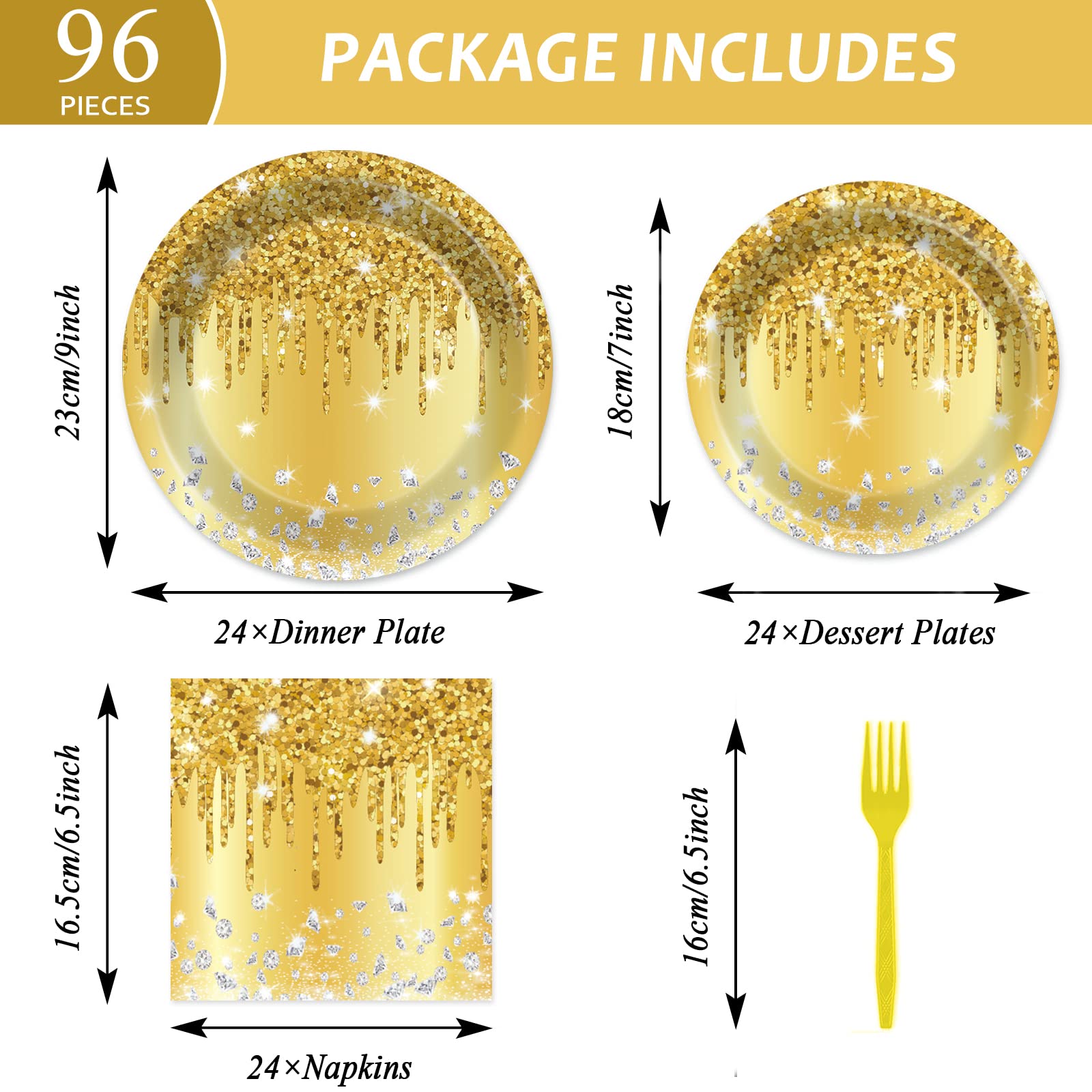 96 Pcs Gold Birthday Tableware Set For Golden Themed Happy Birthday Party Supplies Golden Diamond Dinner Plates Gold Napkins For