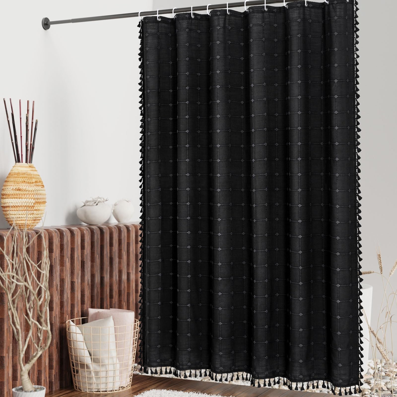 Mitovilla Black Boho Shower Curtains For Modern Bathroom Decor, Farmhouse Cotton Linen Fabric Cloth Shower Curtain With Tassel,