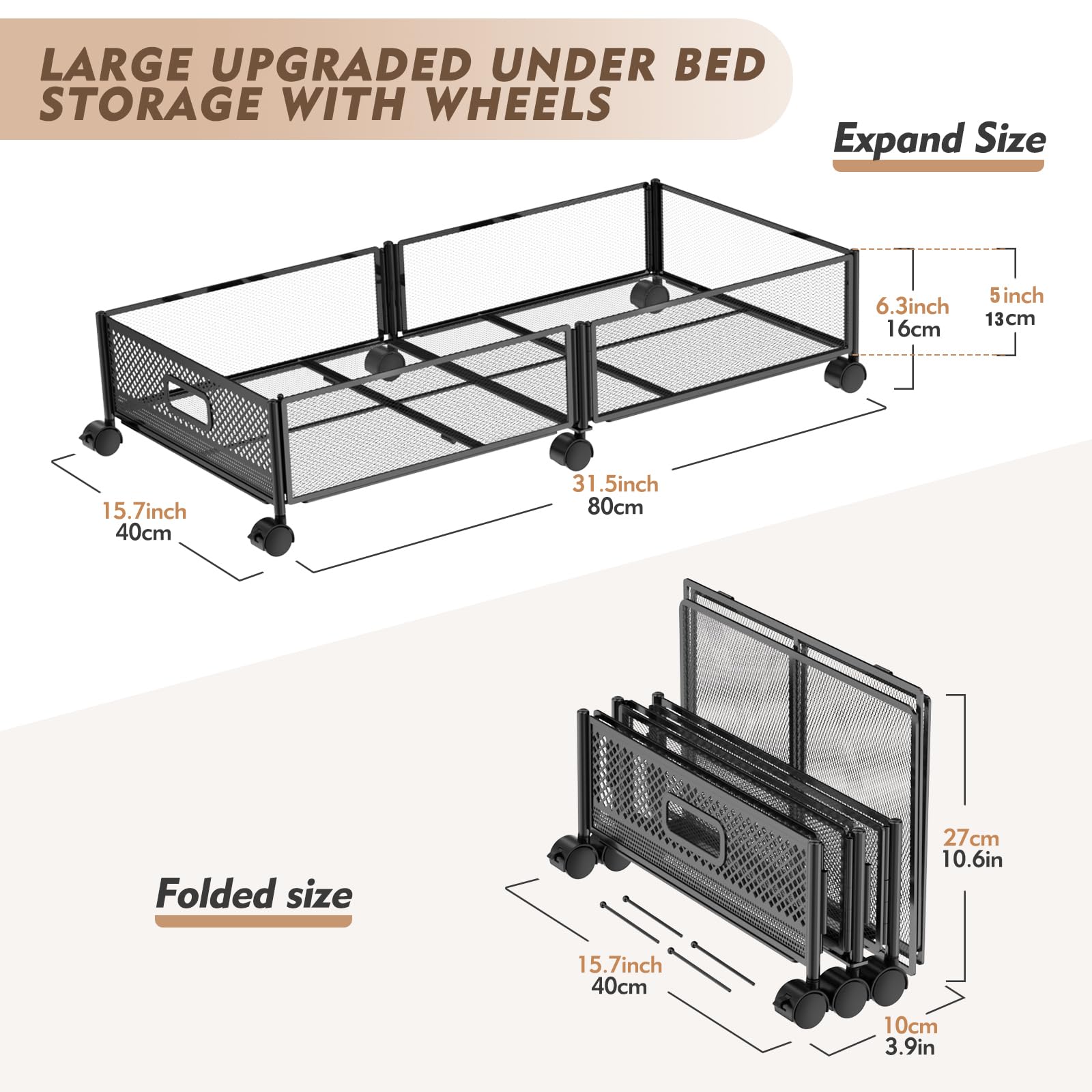 Under Bed Storage, Upgraded 31.5 inch Large Rolling Under Bed Storage with Wheels, Metal Foldable Under Bed Drawers Organizer,To