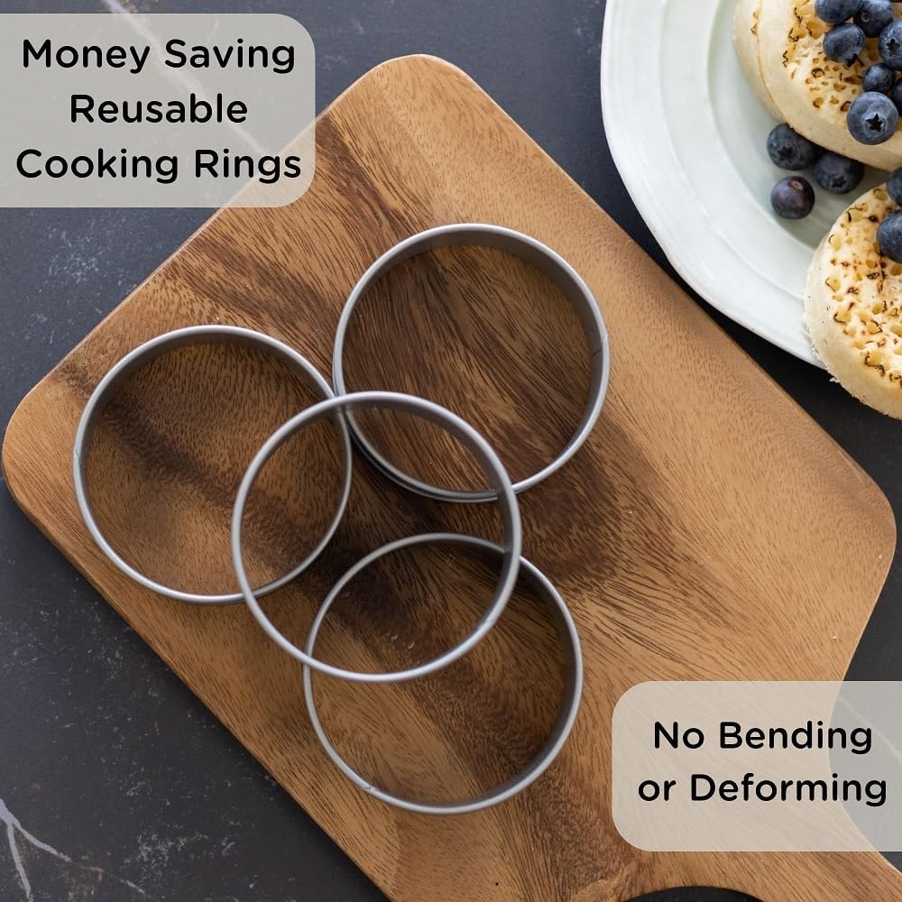 Wrenbury Crumpet Rings Nonstick 3.5'' - English Muffin Rings - Set Of 4 Round Crumpet Molds - Metal Baking Cooking Rings - No Le