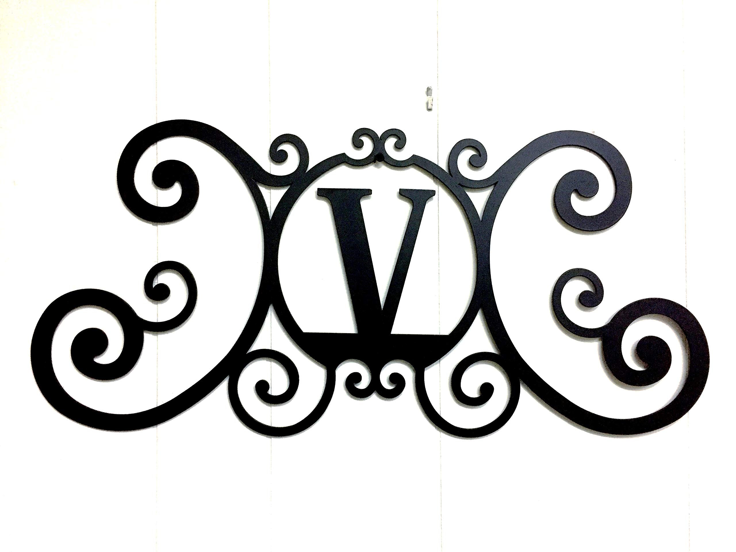 BookishBunny Monogram Initial Letter A-Z Wrought Iron Metal Scrolled Door Wall Decoration Plaque Art, 24 x 11 inch 2mm Thick (V)