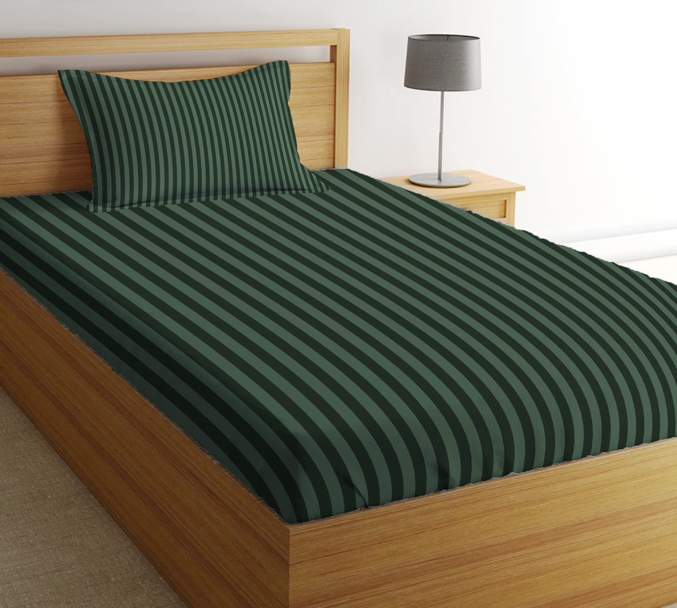 Ship Smart Cotton Striped 300 Tc Single Bedsheet/Flat Sheet with 1 Pillow Covers  60x90 inch (Green)