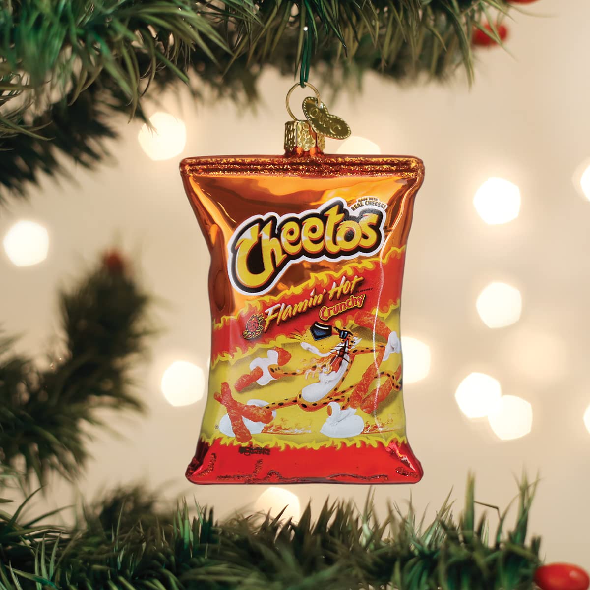 Old World Christmas Flamin  Hot Cheetos Glass Blown Ornament for Christmas Tree, Handcrafted Holiday Decoration, Snack Collectio