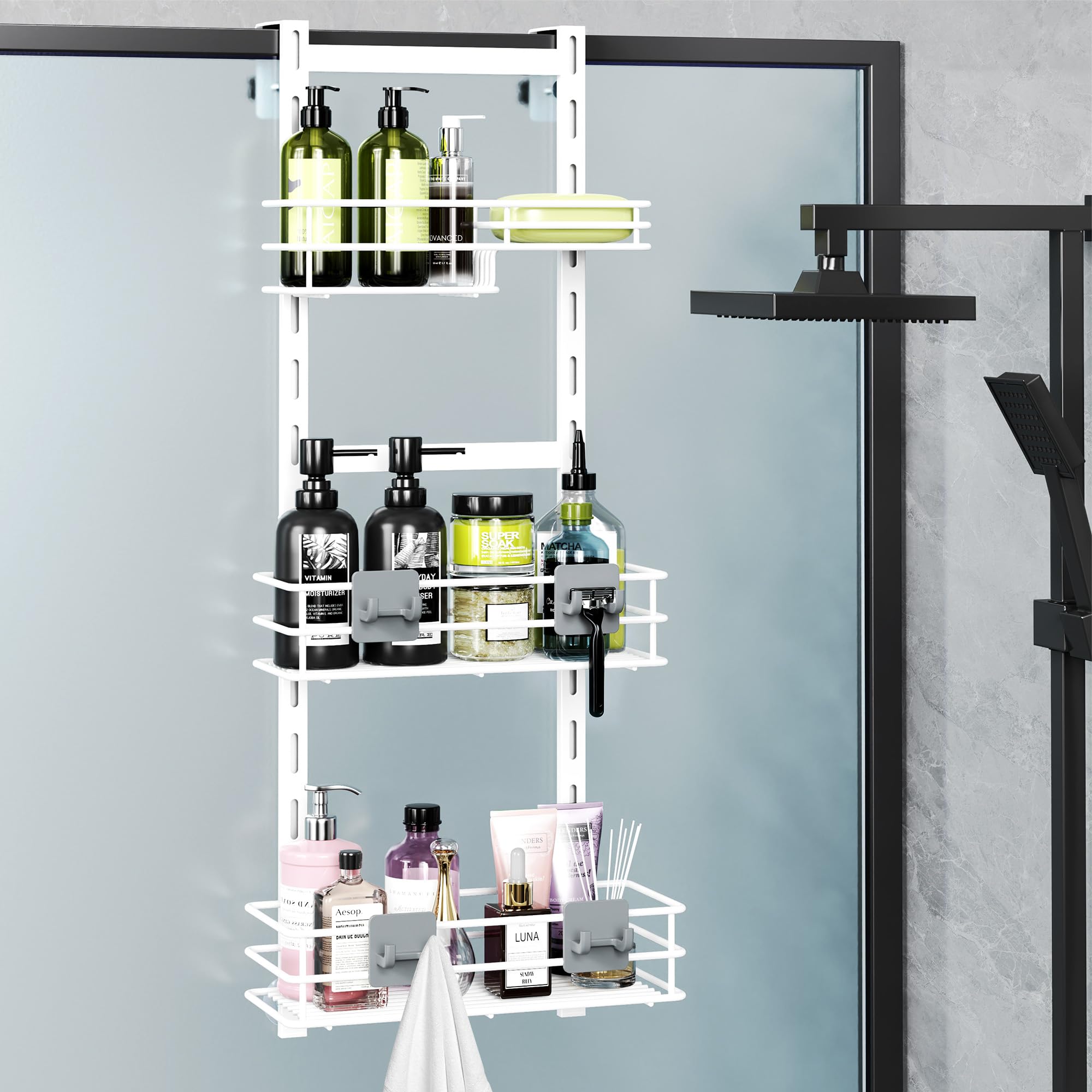 Orimade Over The Door Shower Caddy Adjustable 3 Tier White,Bathroom Hanging Organizer Shelf Rustproof with 4 Hooks,Shower Basket