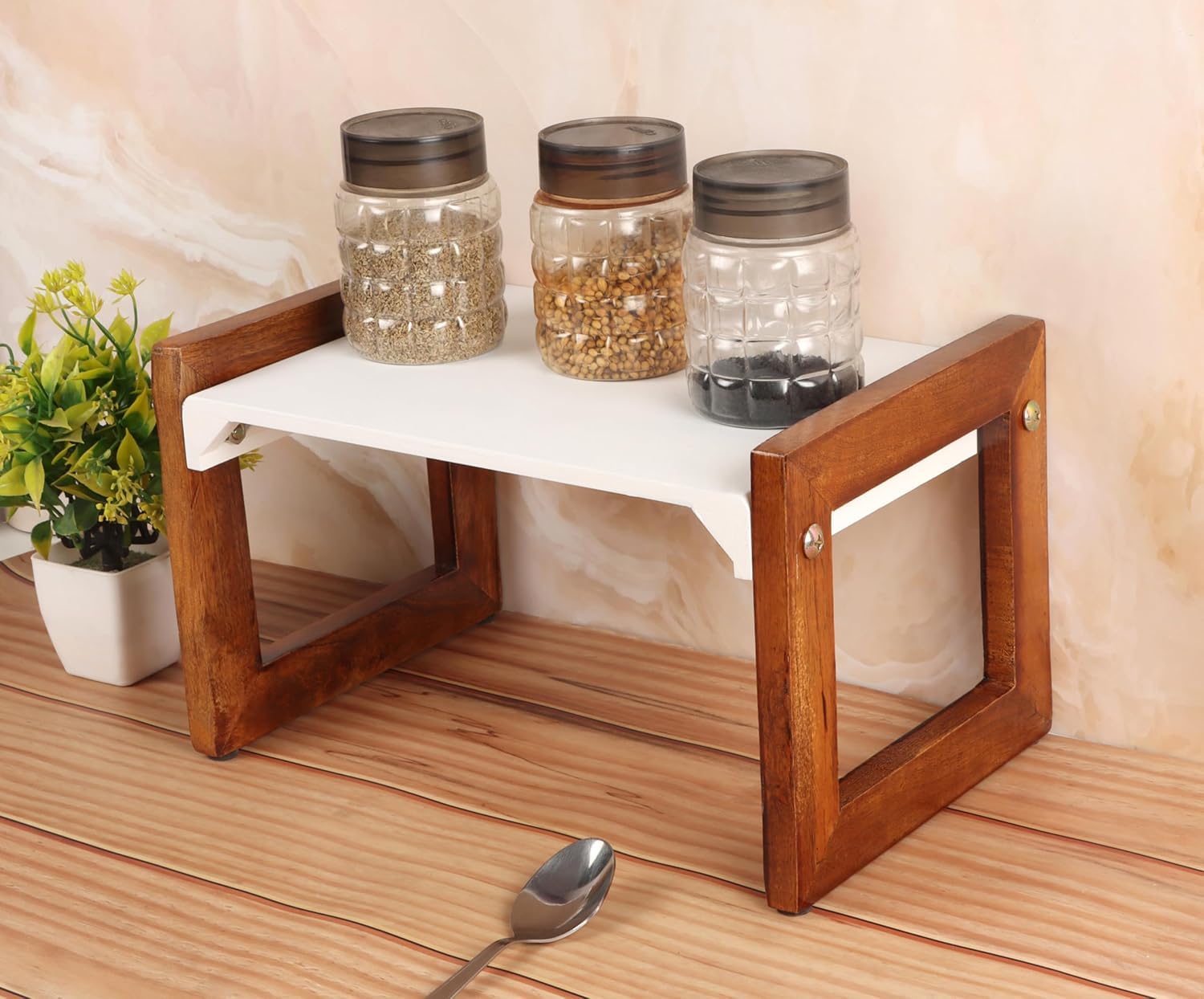 Anaya Handicrafts Wooden Spice Rack Organizer With White Shelf | Countertop Masala Stand For Kitchen | Multipurpose Storage Rack