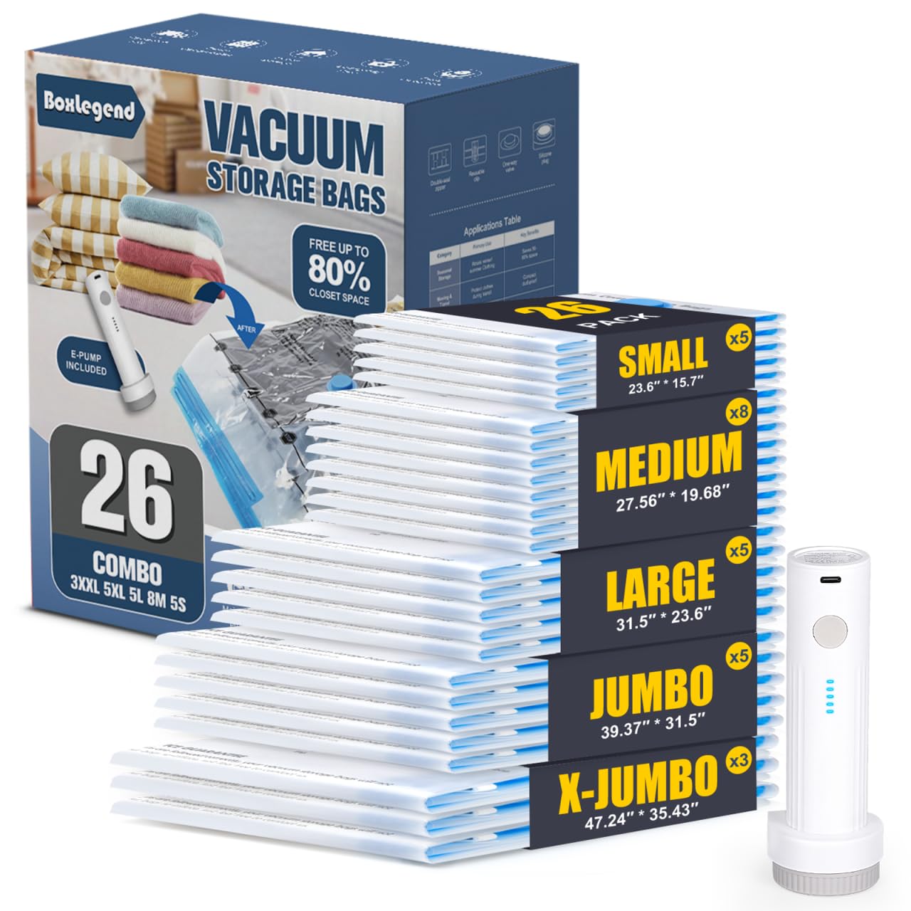 BoxLegend Vacuum Storage Bags with Electric Pump 26 Combo (3X-Jumbo, 5 Jumbo, 5 Large, 8 Medium, 5 Small) Thickened Vacuum Seal 
