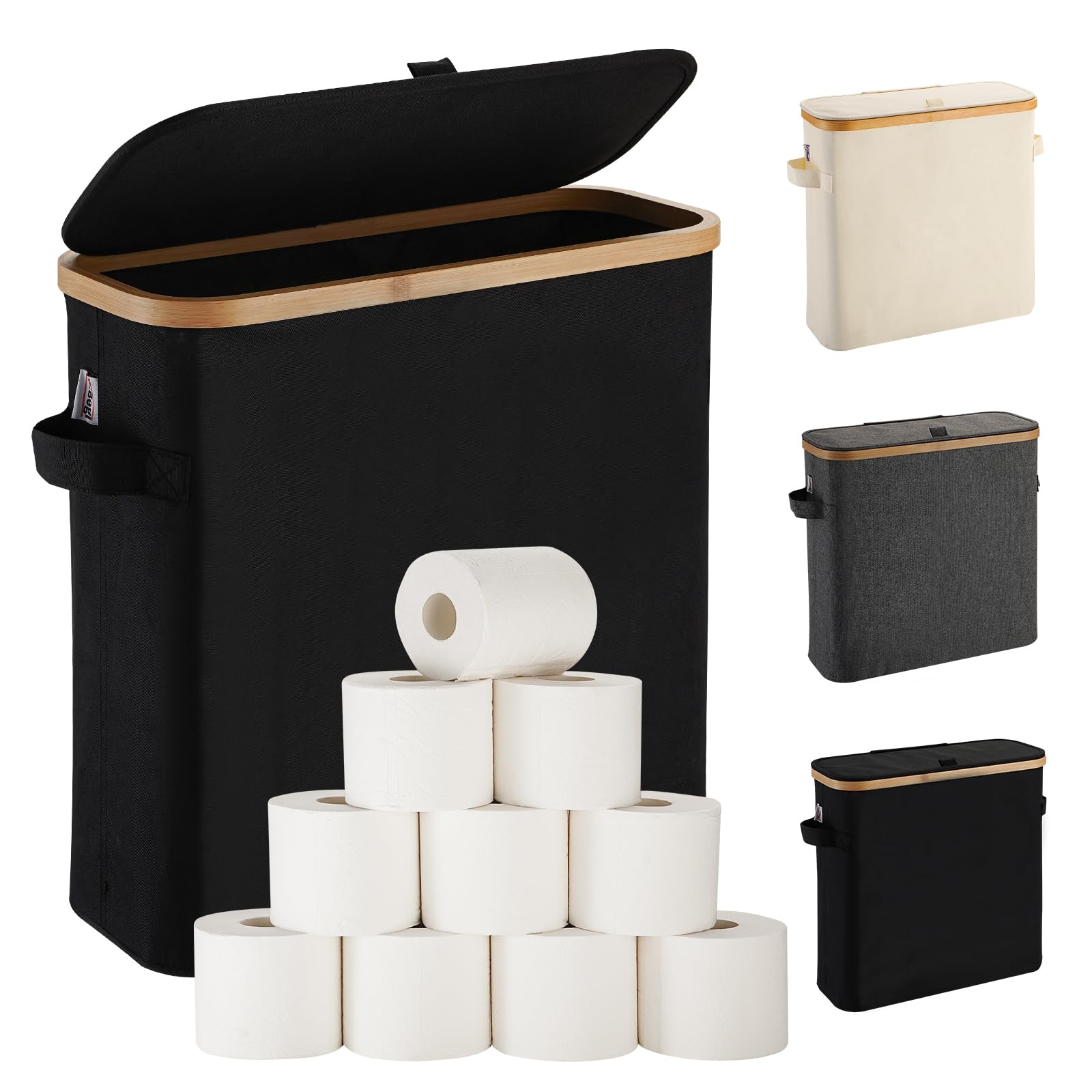 Toilet Paper Storage Basket with Lid for Mega Rolls, Large Bamboo Toilet Paper Organizer Holder Stand for Bathroom, Enclosed Tis