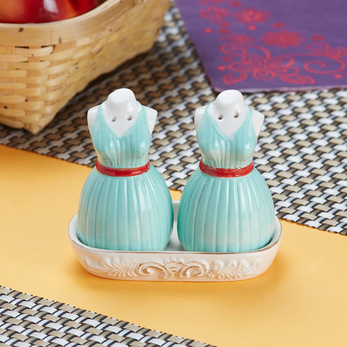 Kookee Ceramic Salt Pepper Set With Tray For Dining Table | Blue (9972)