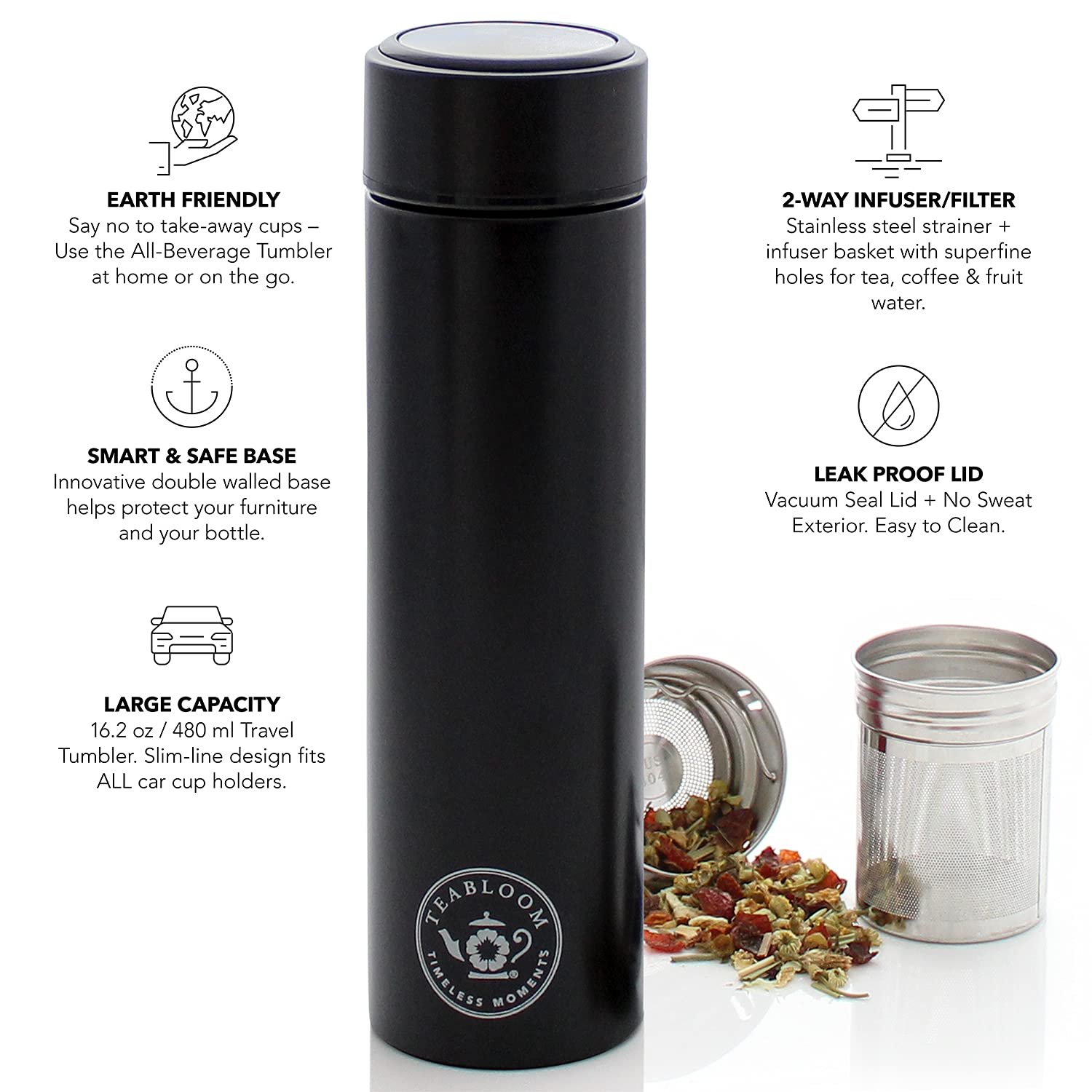 Teabloom - The Original All-Brew Travel Tumbler & Thermos | Oprahs Favorite | 16Oz/480Ml Insulated Water Bottle/Tea Flask/Cold B