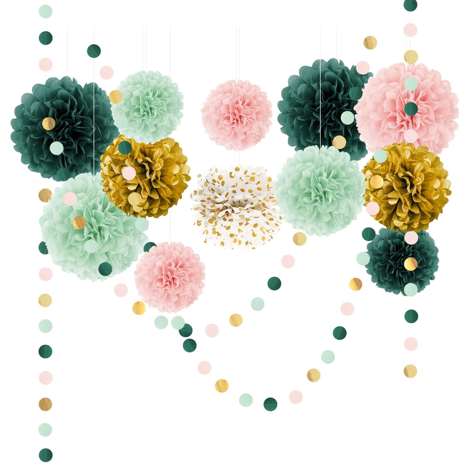 Aobkiat Wedding Birthday Party Decorations Set,15Pcs Sage Green Pink Tissue Paper Pompoms Circle Dots Paper Garland String Hangi