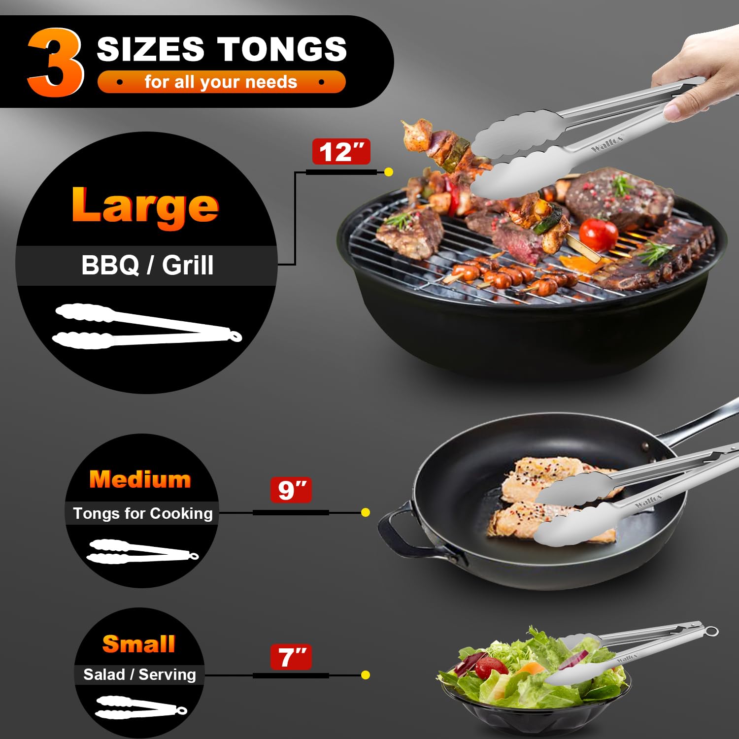Walfos All Metal Kitchen Tongs for Cooking  BBQ Grilling  600? Heat Resistant Stainless Steel Tongs - Heavy Duty 7  9 and 12 Inch Locking Tongs Set of 3