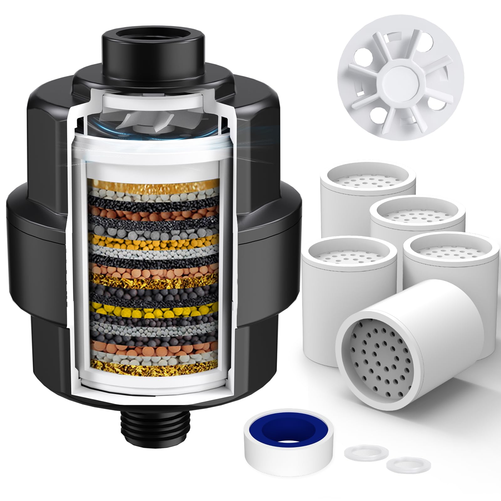 20-Stage Shower Head Filter-Shower Head Filter For Hard Water, With 5 Replaceable Filter Cartridges, High Output Shower Water Fi