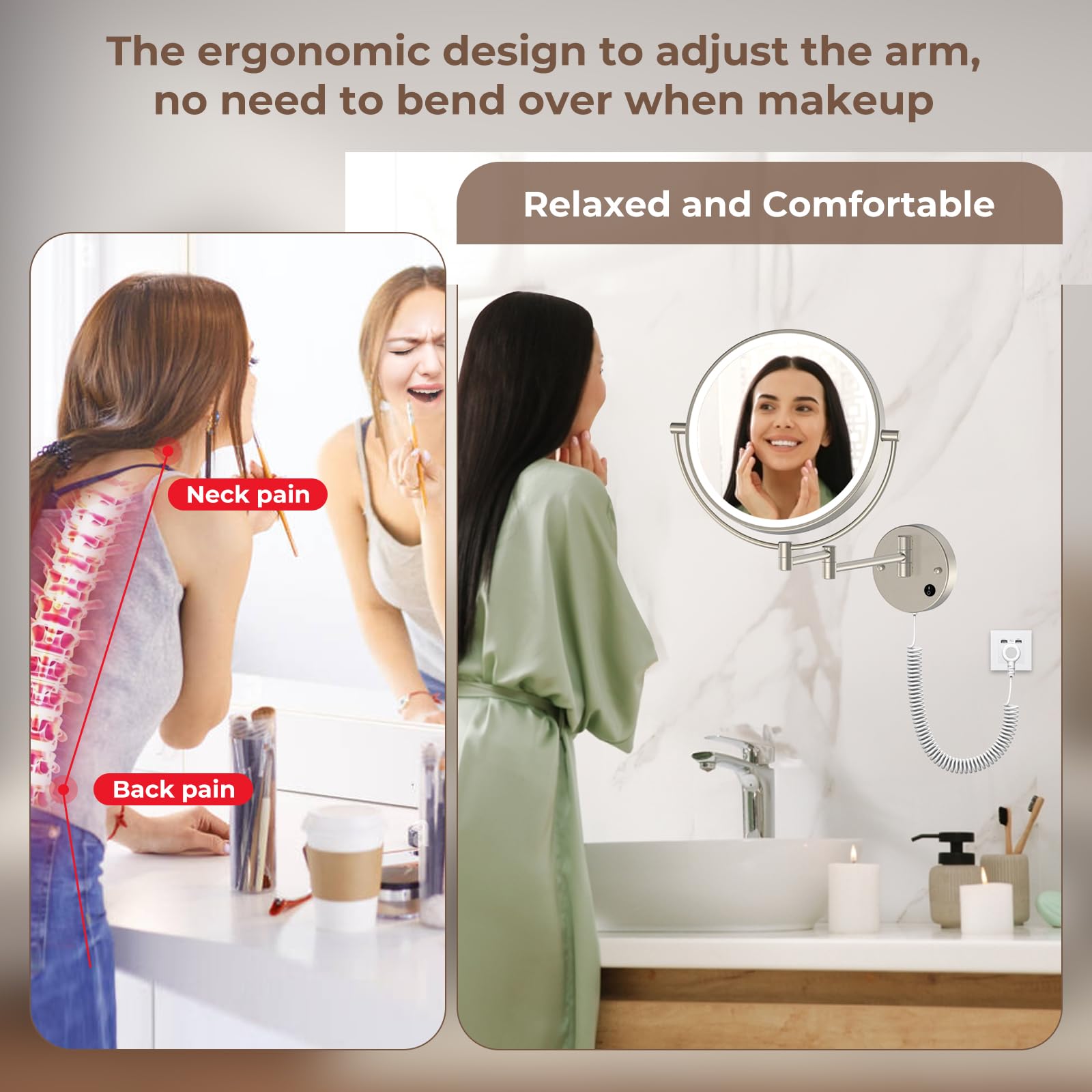 Rocollos 9'' Plug-In Wall Mounted Lighted Makeup Mirror 1X/10X Magnification, Super Large Double Sided Led Vanity Mirror For Bat