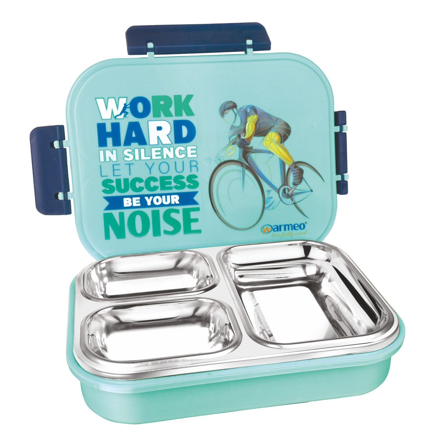 WARMEO Wonder Insulated Tiffin Box, 3 Compartments with Locking Lid and Steam Valve, Blue | Food Grade | Inside Steel | School |