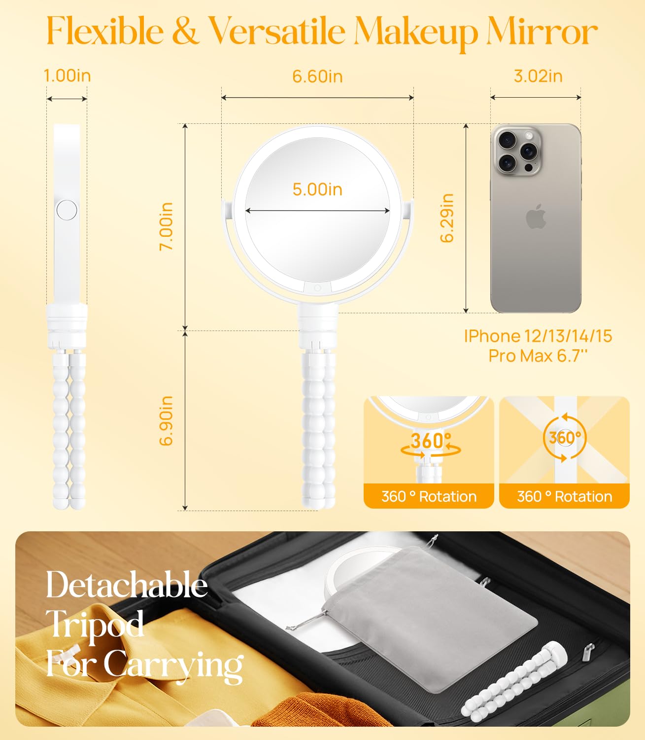 Gospire 5.85    Tripod Travel Makeup Mirror With Lights And Magnification 1X/10X, 4 In 1 Winding Hanging Handheld Tabletop, 3 Li