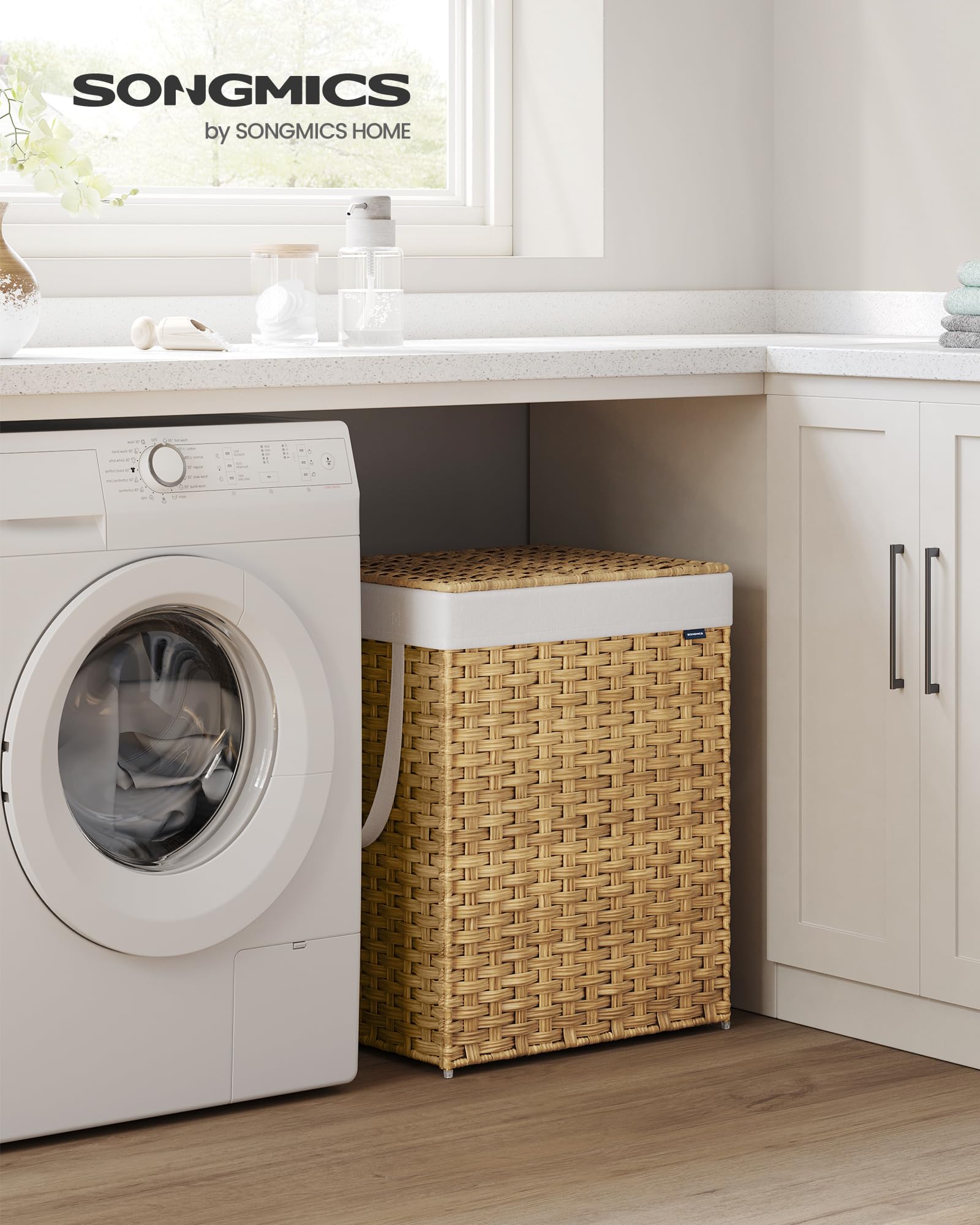 Songmics Laundry Hamper With Lid, 29.1 Gallon (110 L) Synthetic Rattan Clothes Laundry Basket With Lid And Handles, Foldable, Re