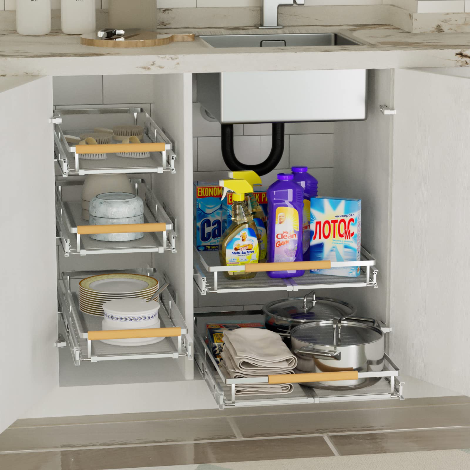 Sanno Pull Out Cabinet Organizer, Pantry Drawer Slide Out Basket Expandable Sliding Shelf Under Sink Shelf, Steel Metal Cabinet