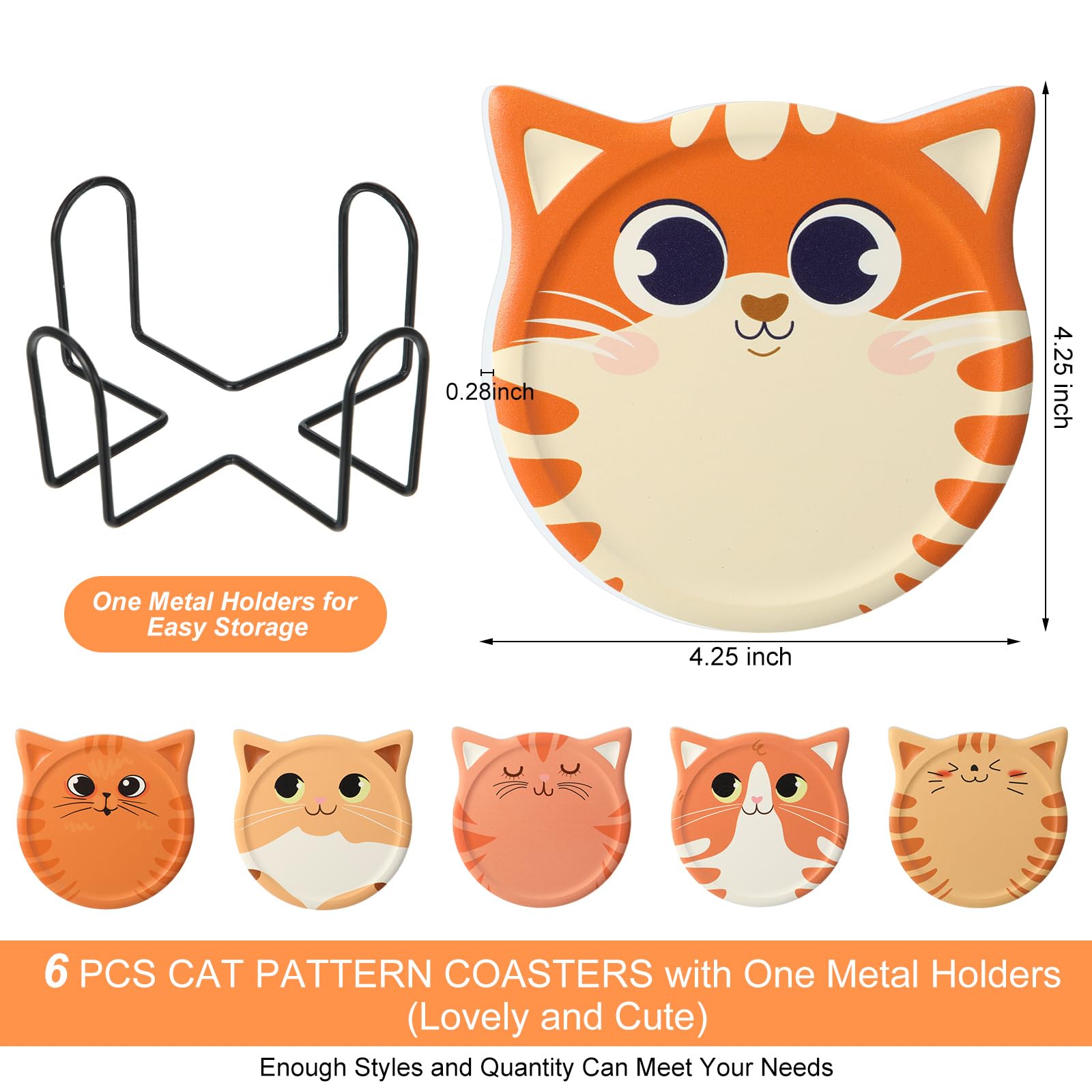 Funny Cat Coasters for Drink Cute Coasters Cat Gift for Cat Lovers Ceramic Coasters with Cork Bottom and Metal Holder for Bar Office Dining Coffee Table Desk Decor 4.25 Inch (Pute Cat Style  6 Pcs)