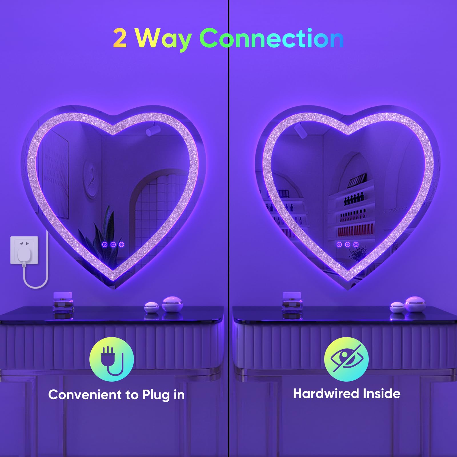 Besmirror 24''X24'' Heart Shaped Mirror Crushed Diamond, Rgbwy Led Heart Vanity Mirror With Lights, 3 Lighting Modes And 7 Stati