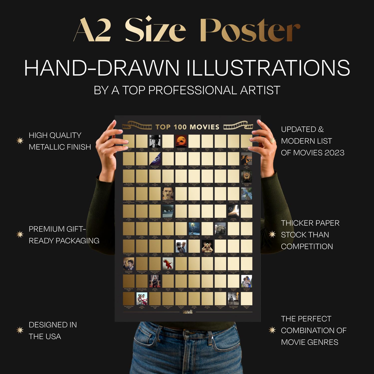 Premium Top 100 Movies Scratch Off Poster - Stunning Art By Hand With Movies From Top Databases - 16.5''X23.4'' Movie Bucket Lis