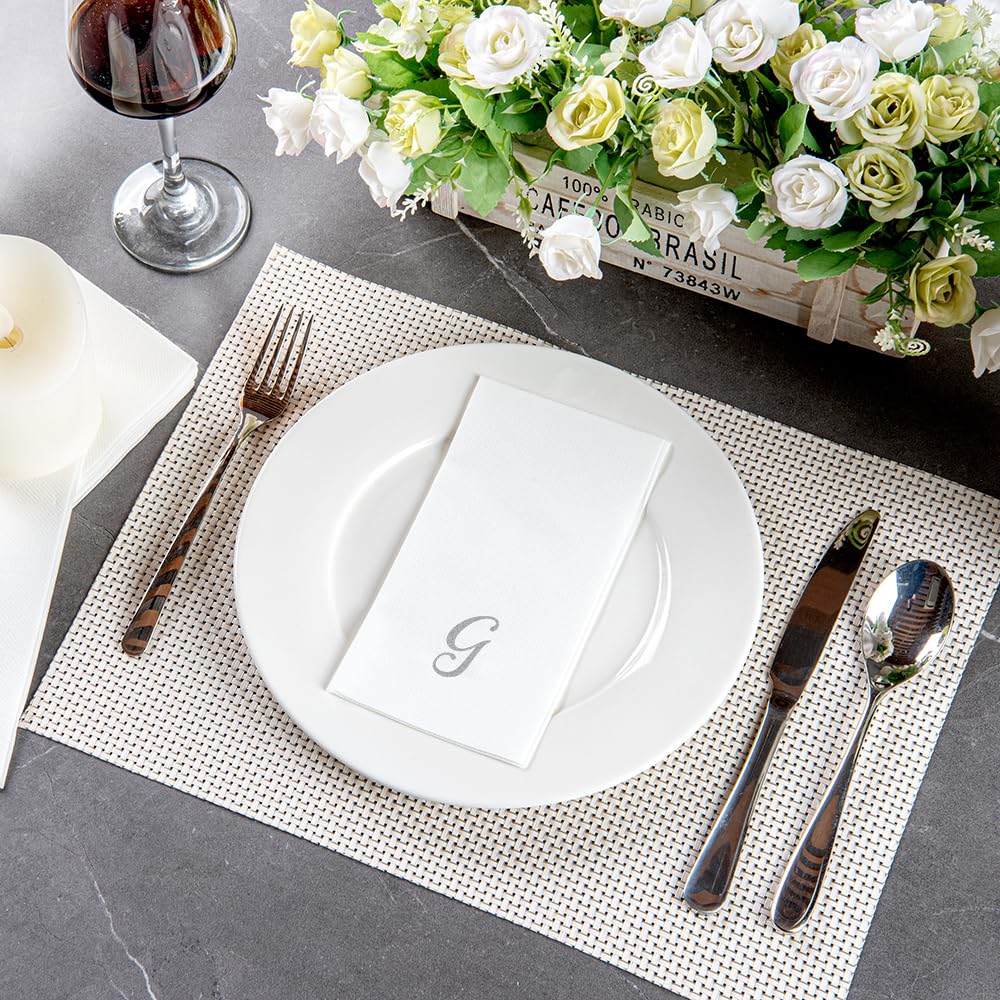 Luxenap 15.8 X 7.9 Inch Linen-Feel Guest Towels, 50 Lettered Hand Towels - Silver Letter 'G', Cursive Font, White Paper Dinner N