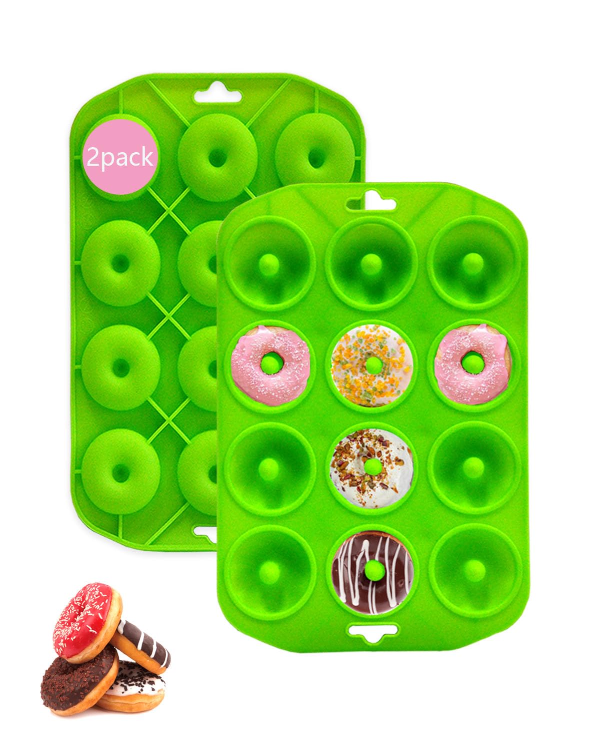 Sinoskye Mini Donut Pan For Baking, 2 Pack Donut Mold Silicone Doughnut Pan For Making Donut, Bagels, Cake, Bpa Free, Green