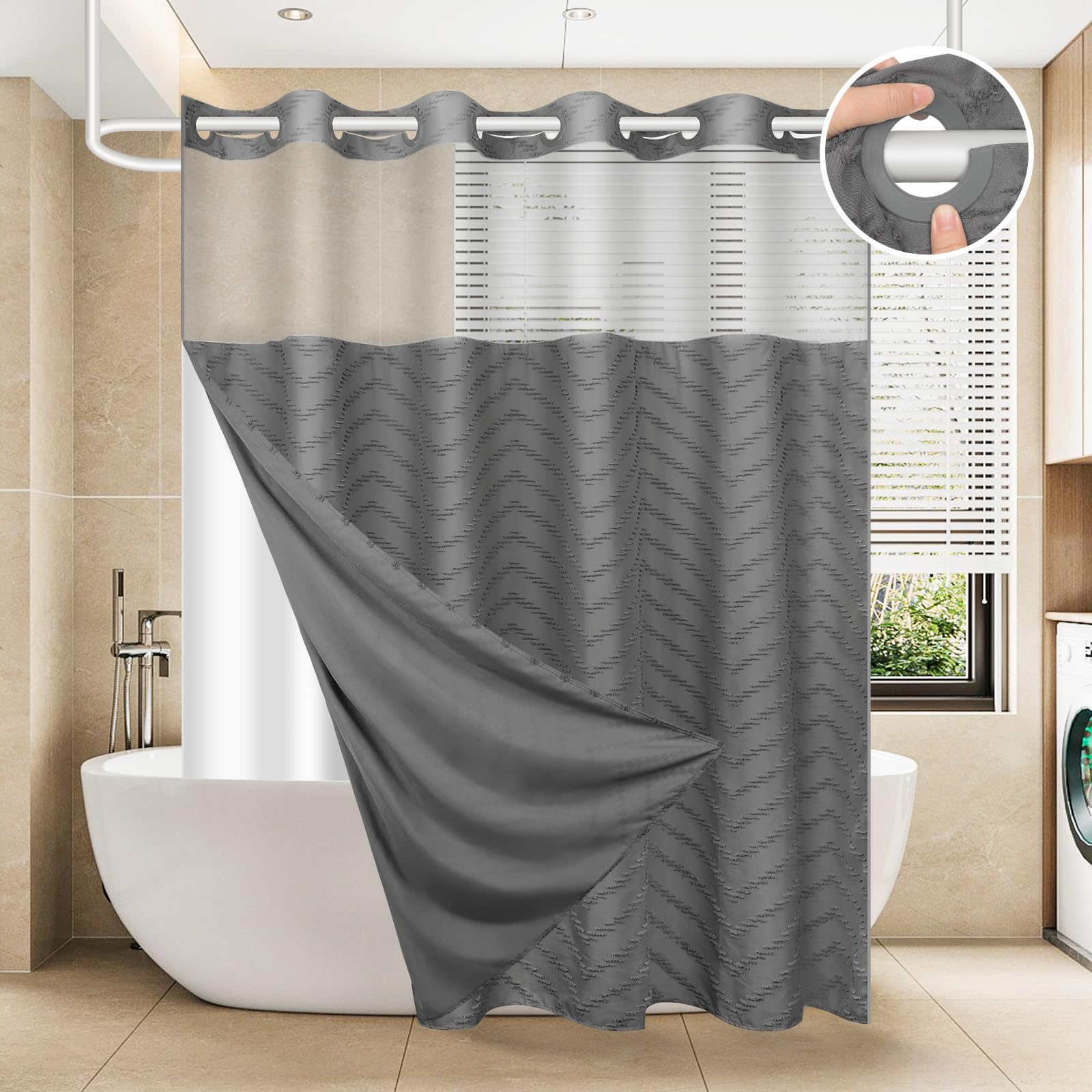 Fadoty No Hook Shower Curtain And Snap In Liner Set Grey Tufted Chevron Striped Cloth Waterproof Washable Fabric Boho Gray Bath