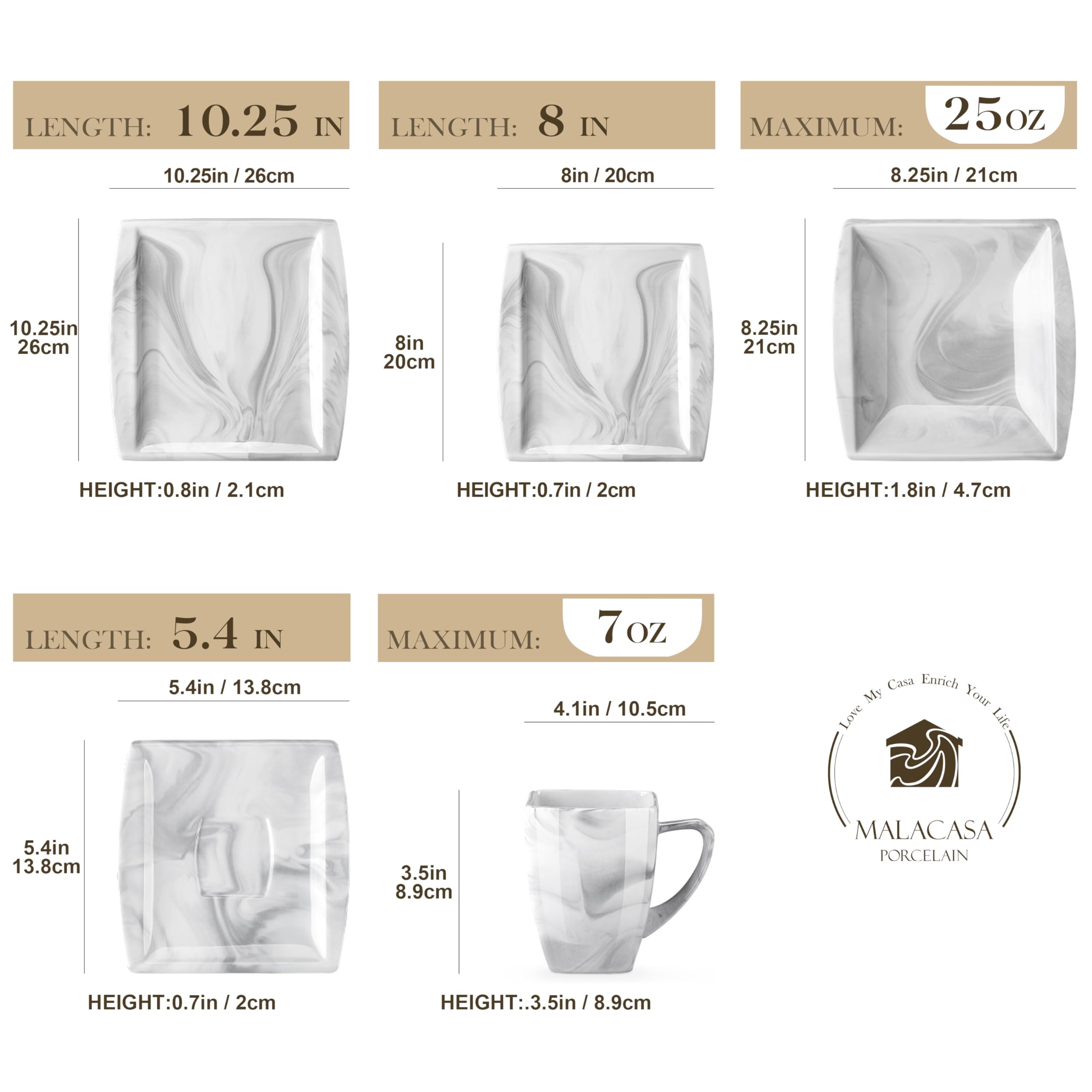 MALACASA Dinnerware Sets, 30 Piece Porcelain Plates and Bowls Sets for 6, Square Dish Set with Dinner Plates Set, Cup and Saucer