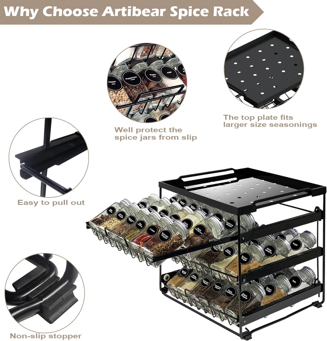 Artibear Upgraded Pull Out Spice Rack Organizer For Cabinet Storage Upto 54 Jars, 3-Tier Seasoning Shelf Holder For Kitchen Pant