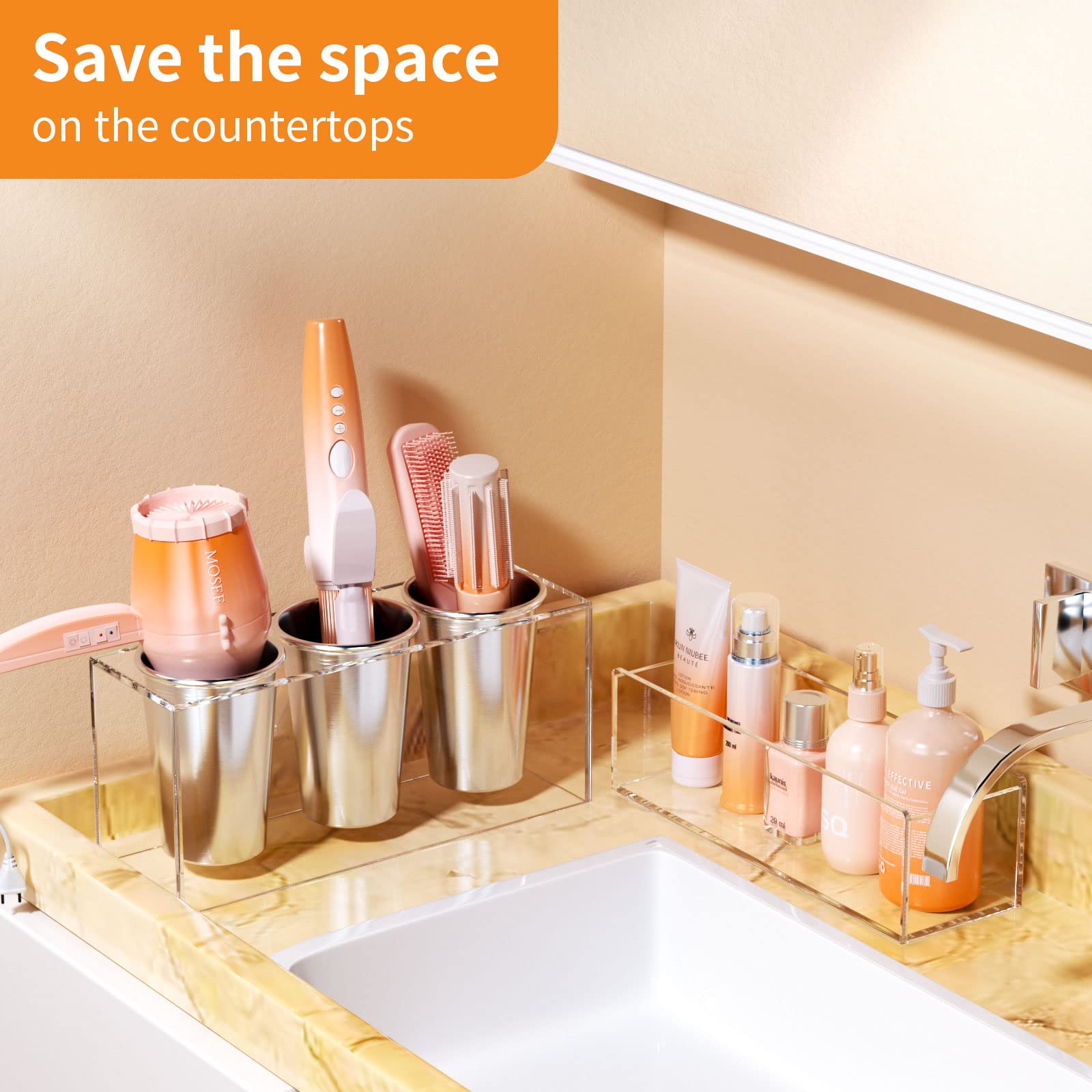 Niubee Hair Tool Organizer, Acrylic Hair Dryer And Styling Holder, Bathroom Countertop Blow Dryer Organizer, Vanity Storage Stan