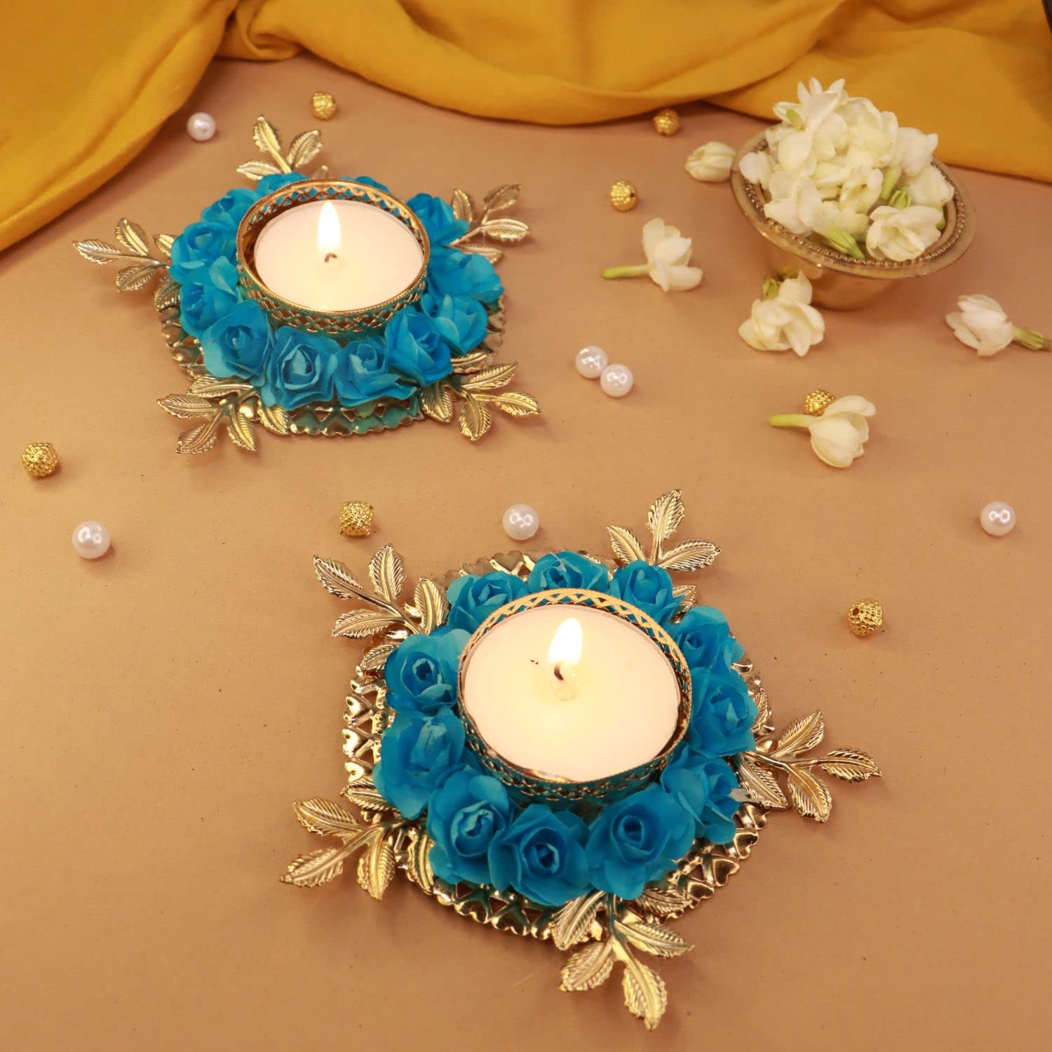 I Jewels Handmade Floral Design Set of 2 Candle Stand Tealight Holder for Diwali Christmas Festival Decorations Lighting Accesso