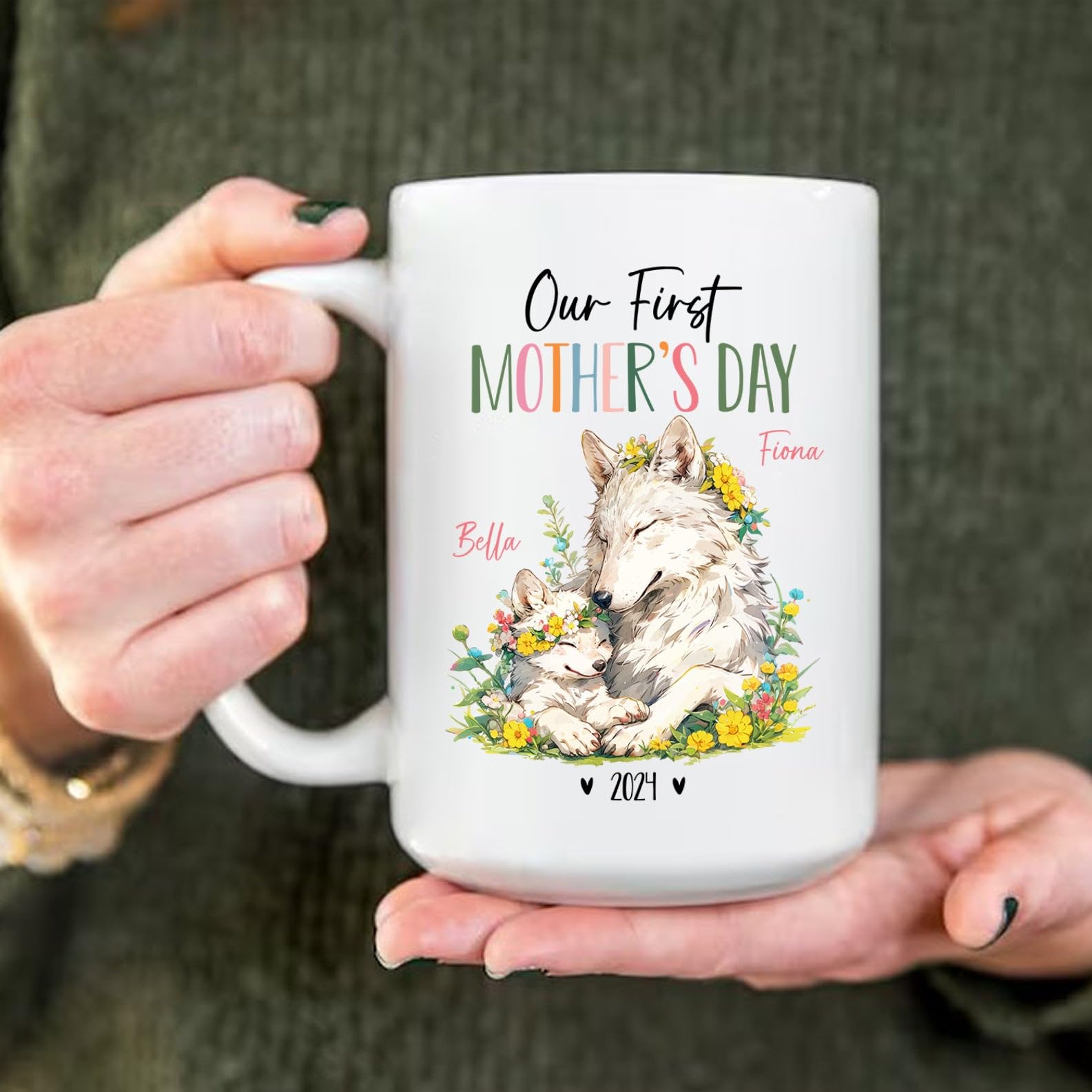 Mother Wolf And Baby Ceramic Cup, Personalized Mom & Baby Wolf Coffee Mug, Wolf Cups For Wildlife Lover, Our First Mothers Day M