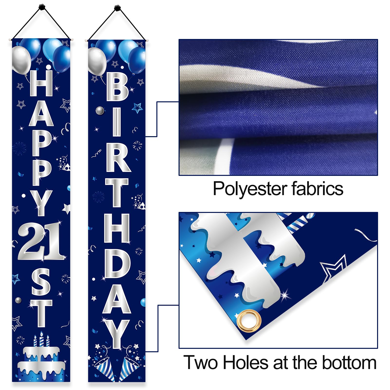 Turypaty Blue Silver 21St Birthday Door Banner Decorations, Happy 21 Birthday Party Porch Banner For Men, 21 Year Old Birthday P