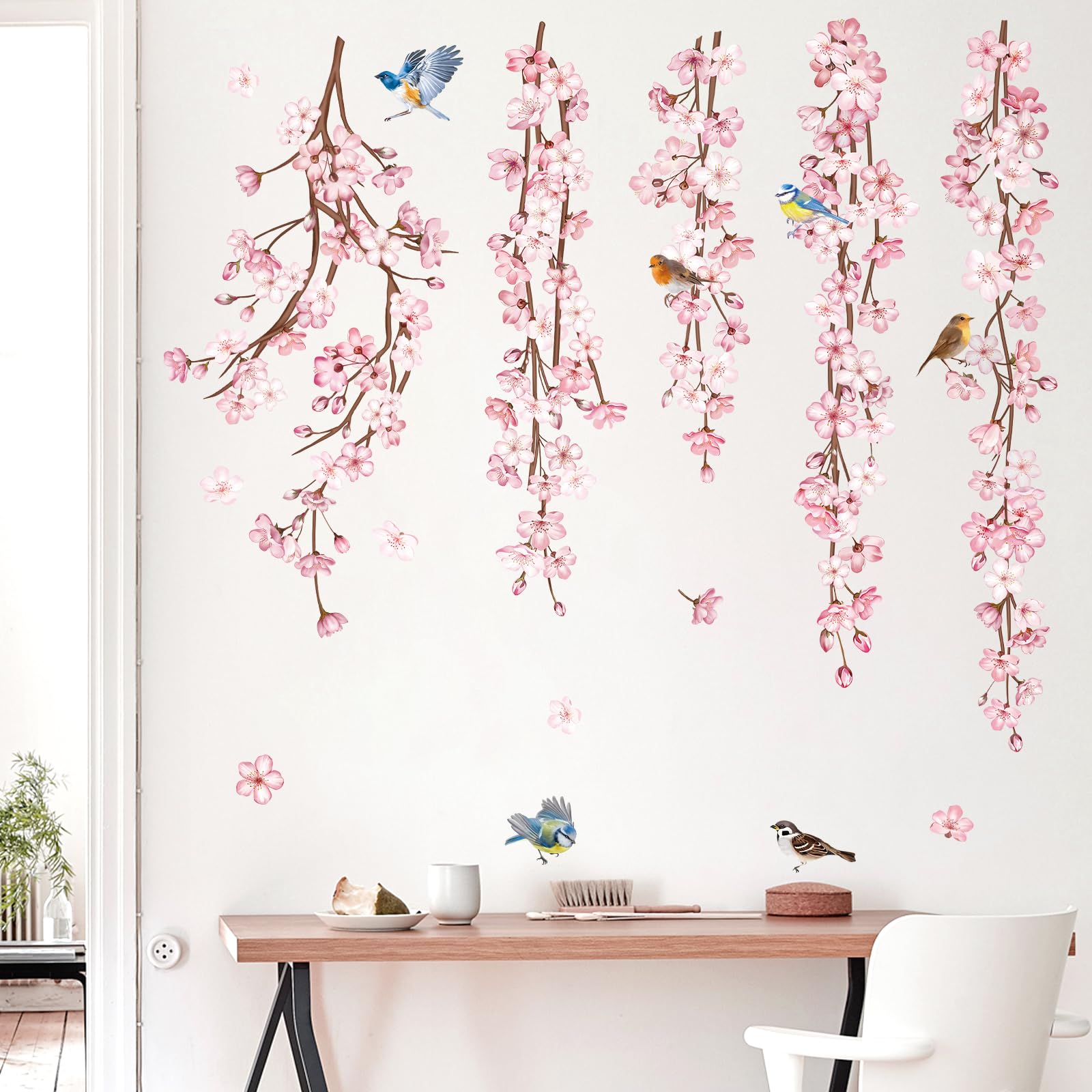 Decalmile Cherry Blossom Flower Vine Wall Decals Hanging Floral Tree Branch Birds Wall Stickers Living Room Bedroom Office Wall