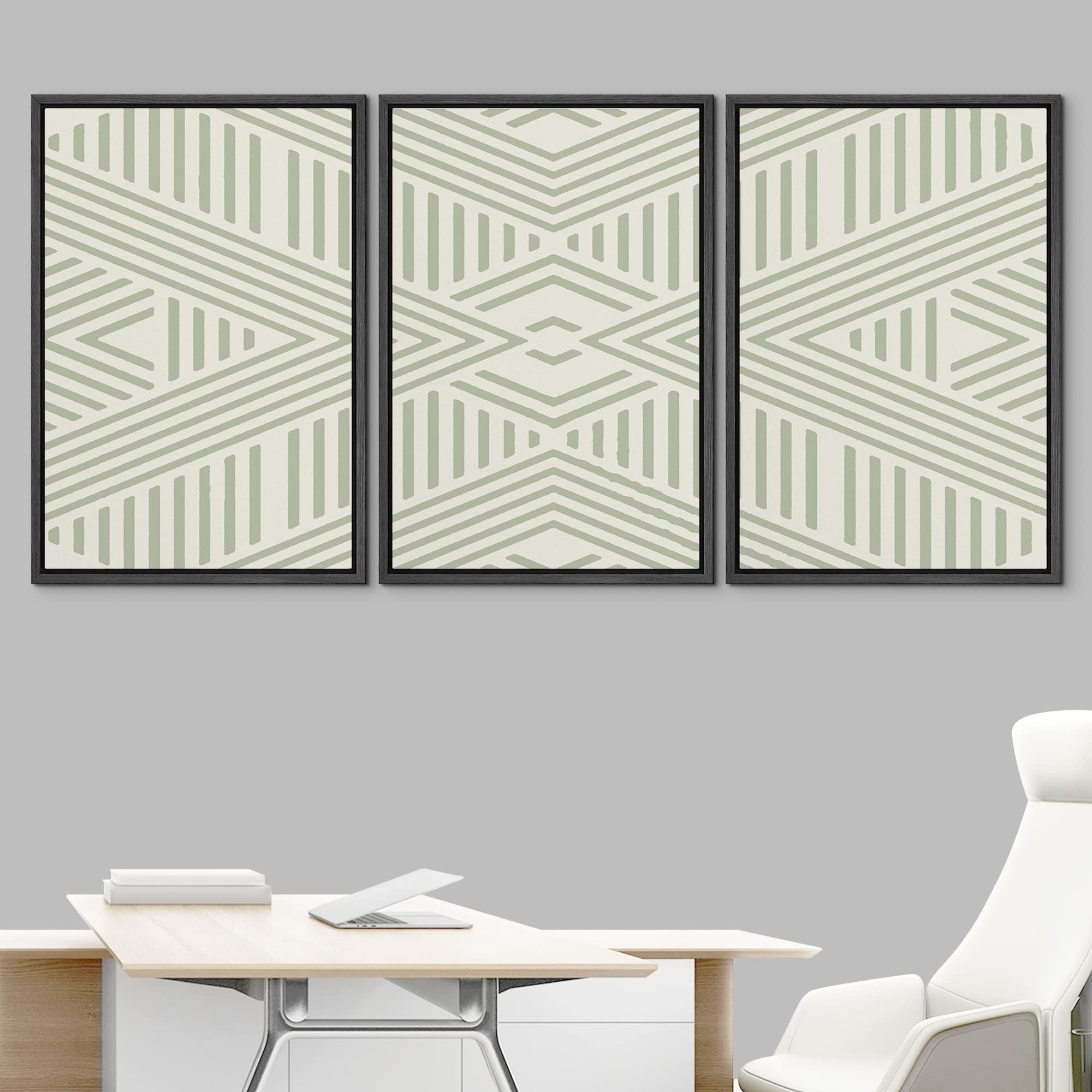 Idea4Wall Framed Wall Art Print Set Dark & Light Green Tribal Triangle Pattern Geometric Shapes Illustrations Modern Art Bohemia