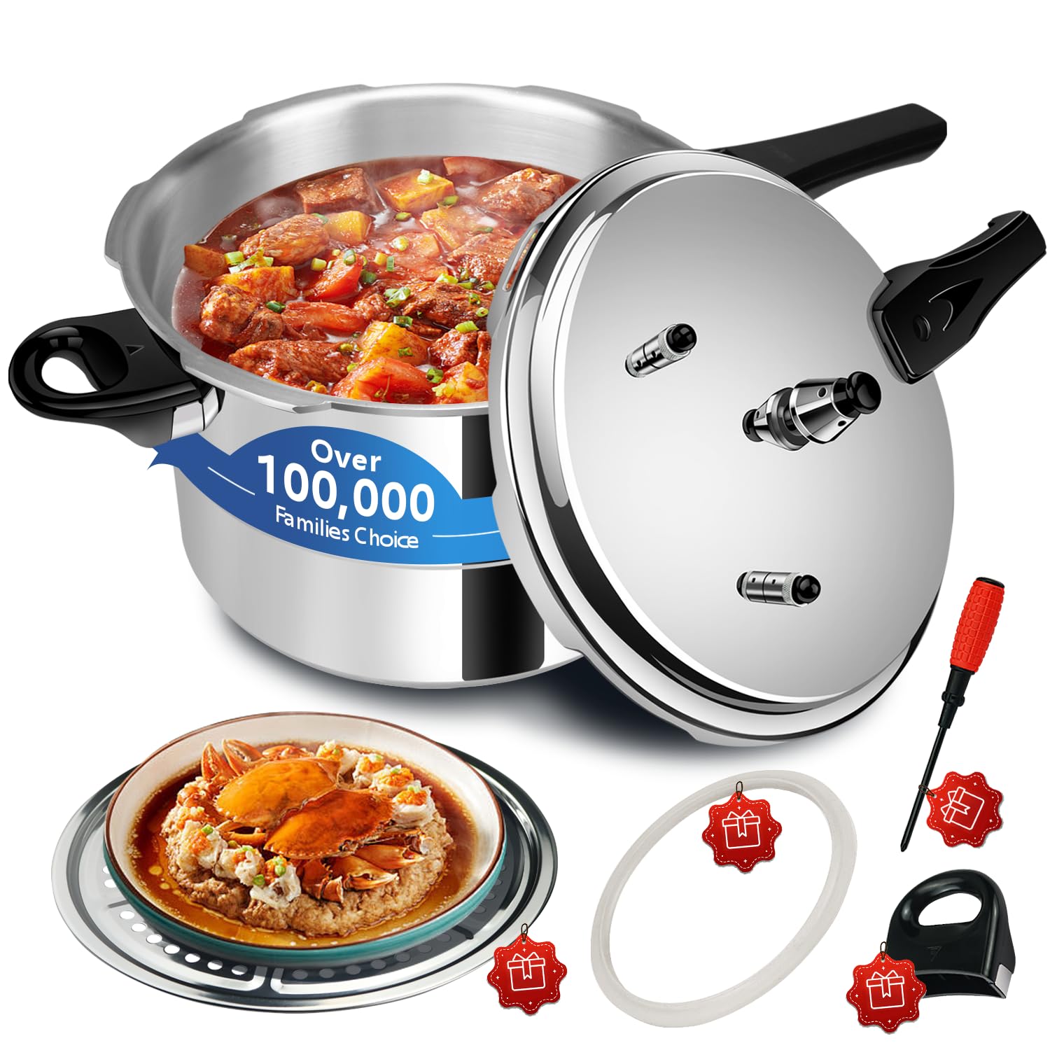 6 Quart Aluminum Pressure Cooker, Heavy Duty Commercial Grade, Fast Cooking, Energy Saving, Safe Locking Lid, Ideal for Canning,