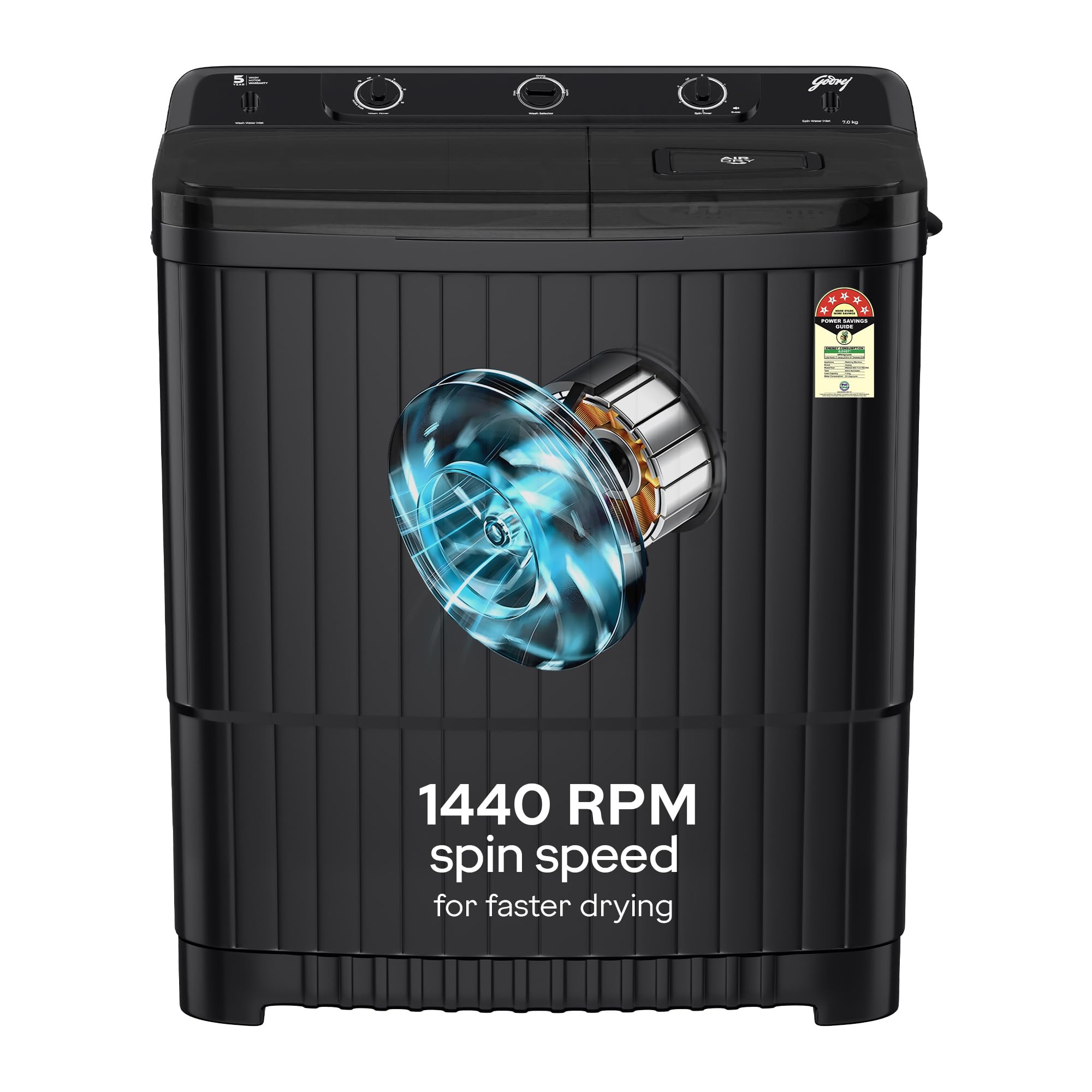 Godrej 7 Kg 5 Star, Tri- Roto Pulsator Ensure Powerful Scrub And Stain Removal, 1440 Rpm Spin Motor, Memory Backup, Semi Automat